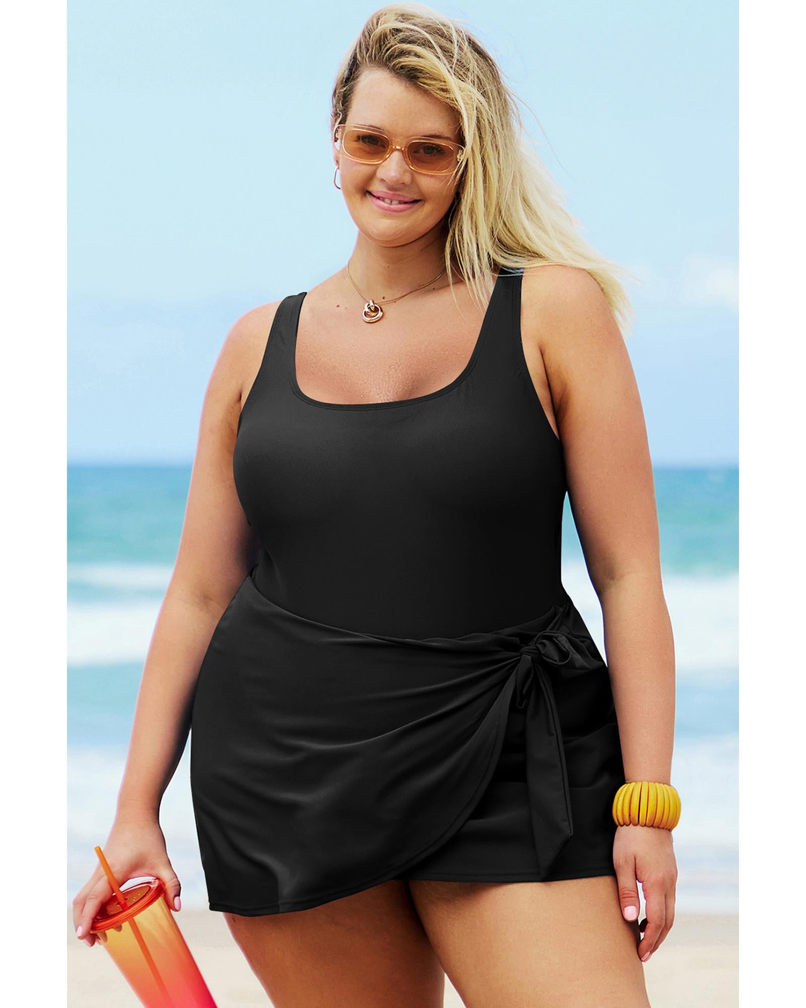 Black Solid Color Square Neck Knotted Plus Size One Piece Swimsuit - 4X