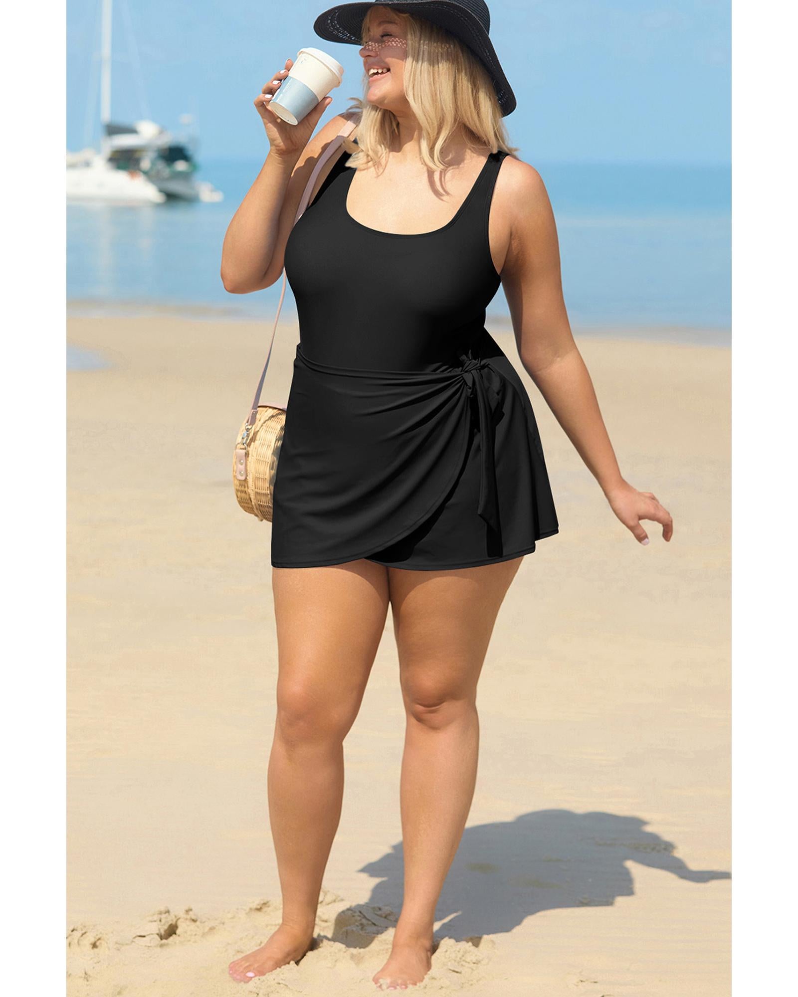 Black Solid Color Square Neck Knotted Plus Size One Piece Swimsuit - 4X