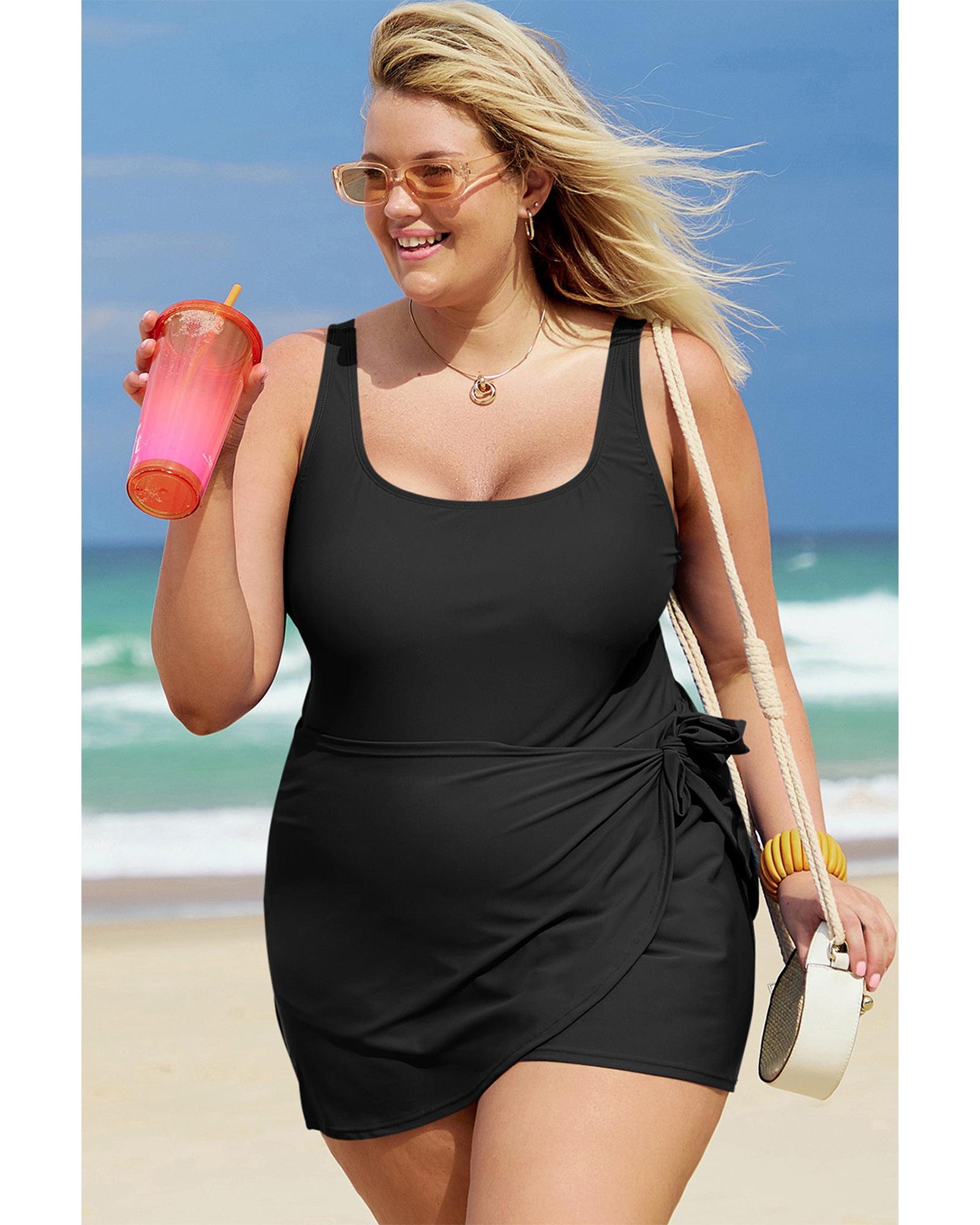 Black Solid Color Square Neck Knotted Plus Size One Piece Swimsuit - 4X