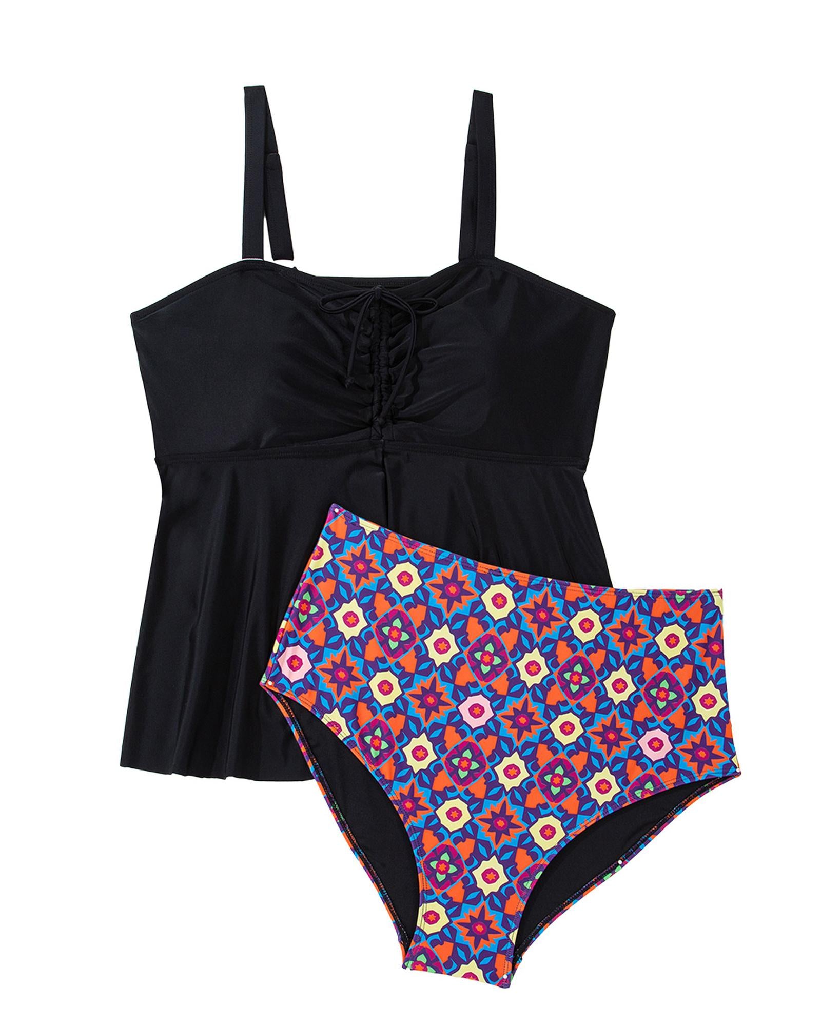 Black Drawstring Tied Front Flared Top Geometric Print Bottom Plus Size Tankinis - 3X