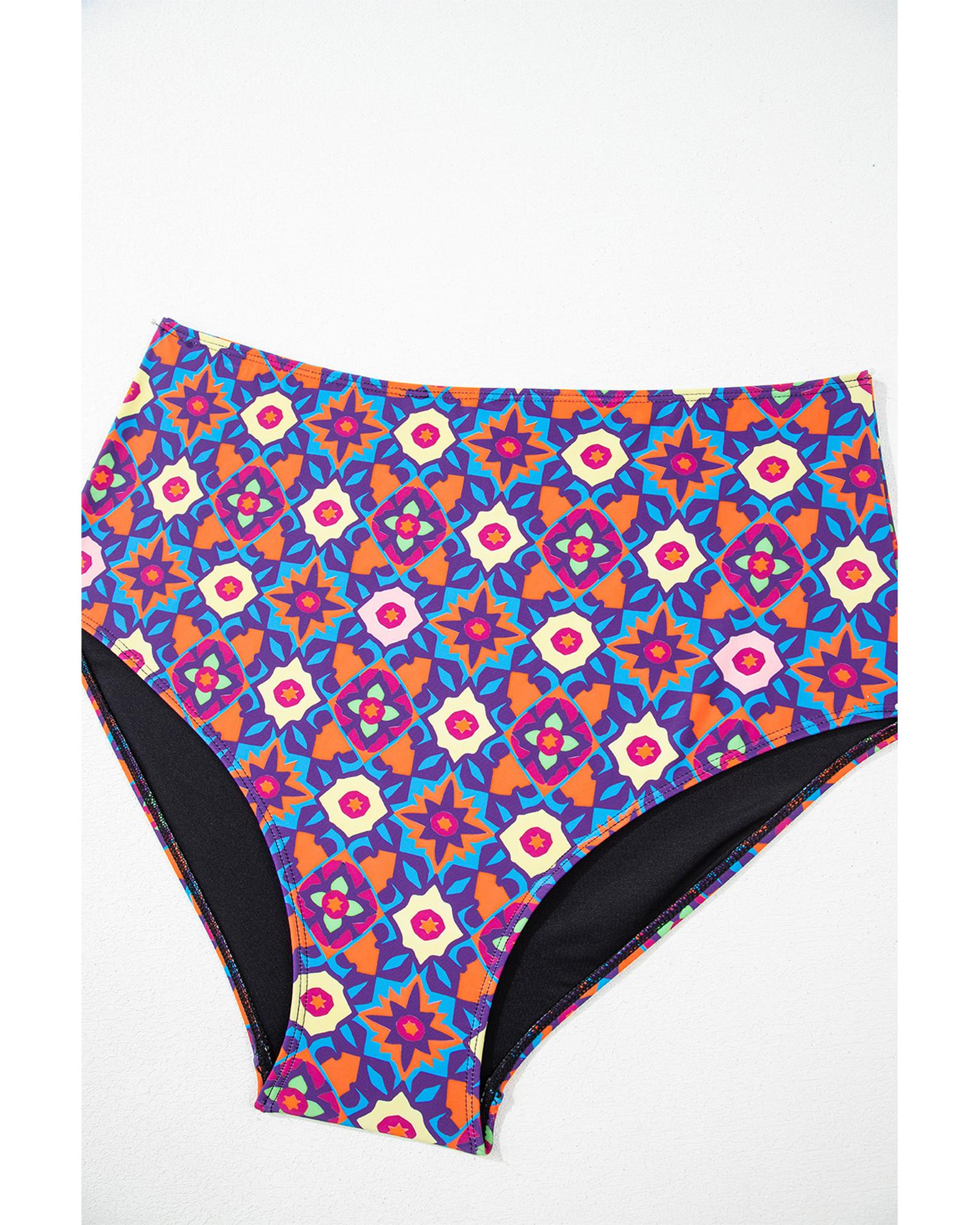Black Drawstring Tied Front Flared Top Geometric Print Bottom Plus Size Tankinis - 3X
