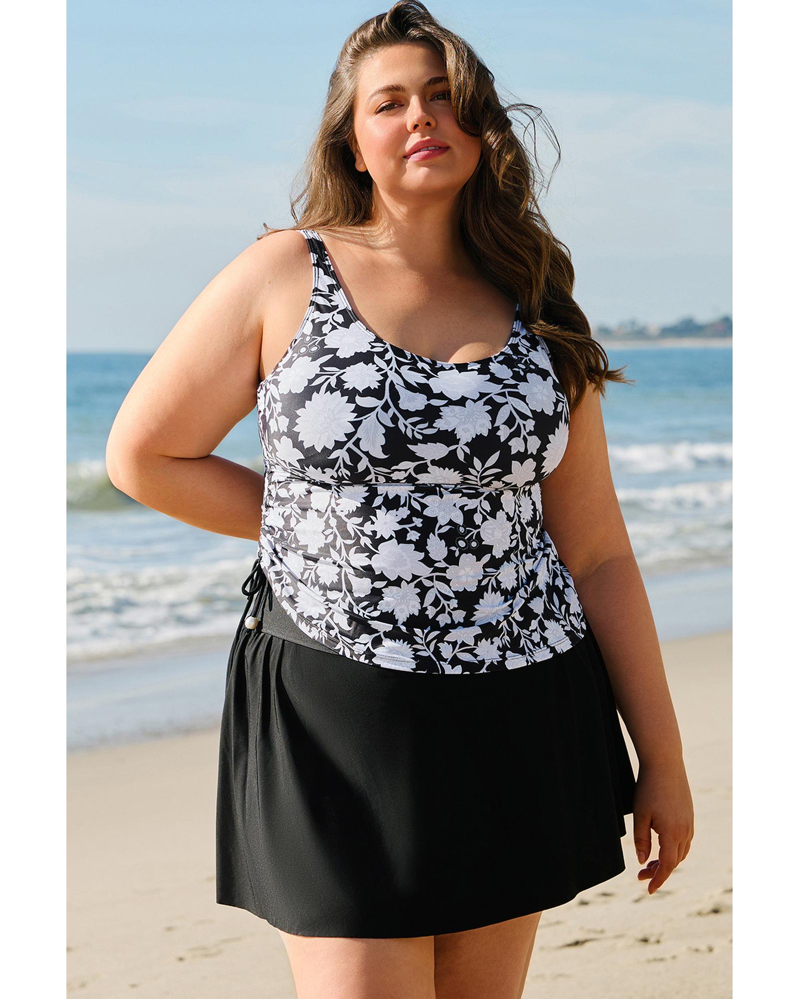 Black Plus Size Printed Square Neck Drawstring Ruffled Tankini Set - 2X