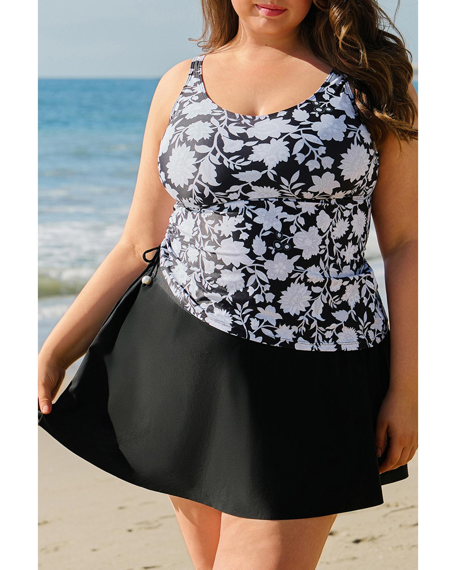 Black Plus Size Printed Square Neck Drawstring Ruffled Tankini Set - 2X