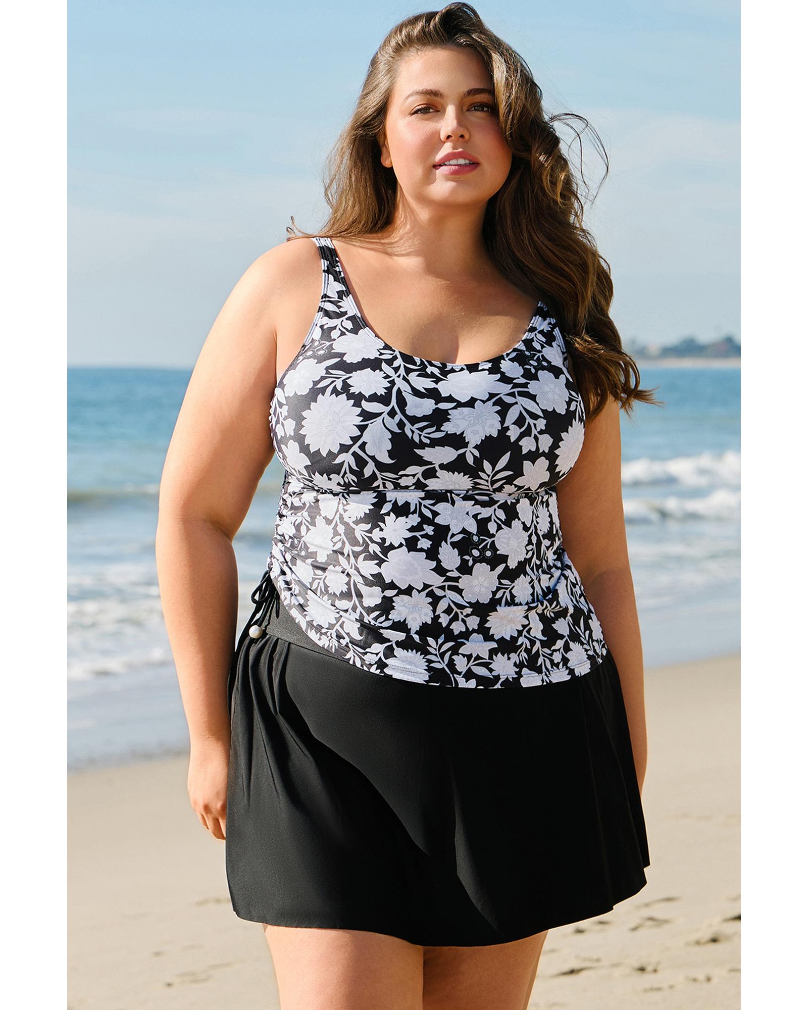 Black Plus Size Printed Square Neck Drawstring Ruffled Tankini Set - 4X