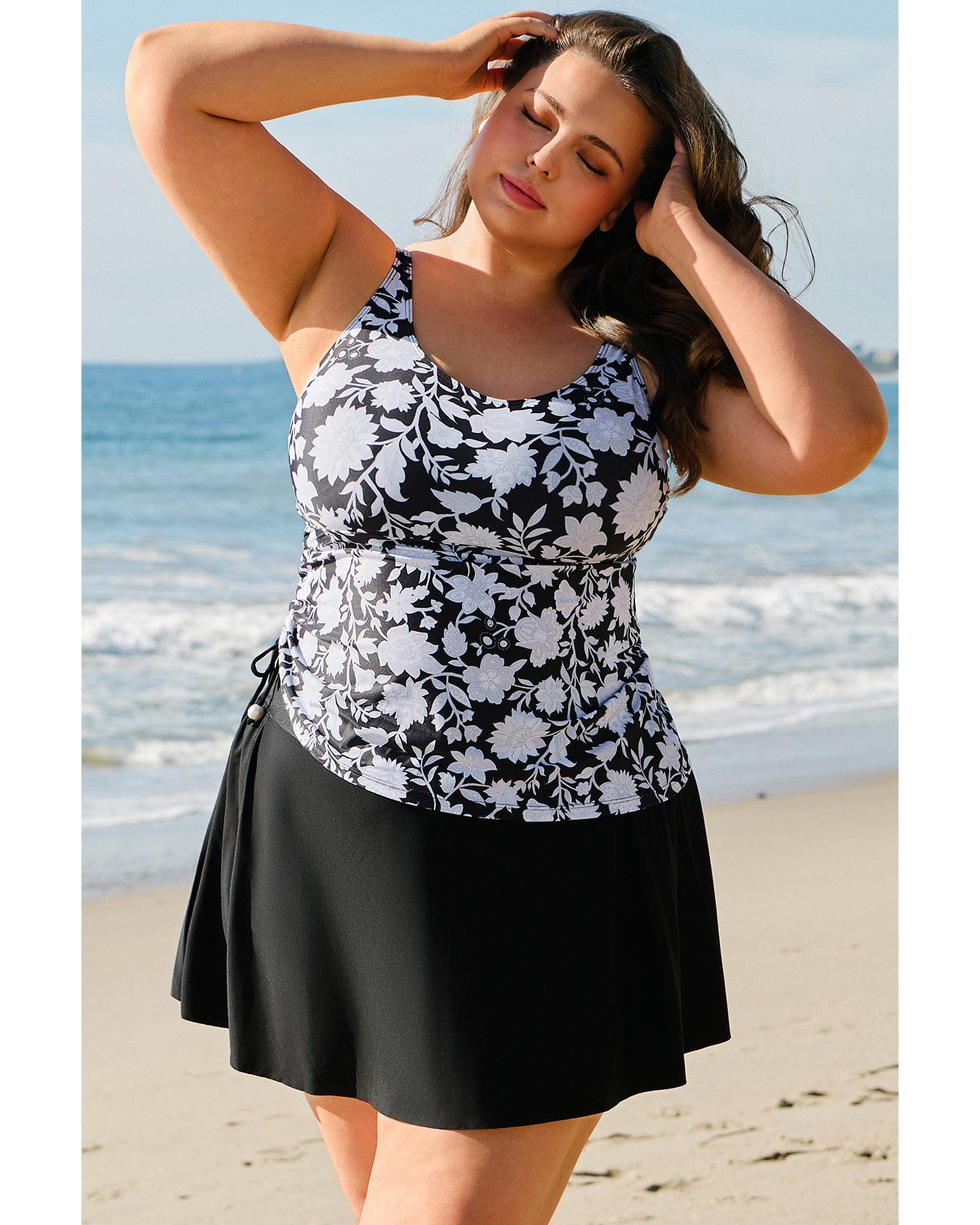 Black Plus Size Printed Square Neck Drawstring Ruffled Tankini Set - 4X