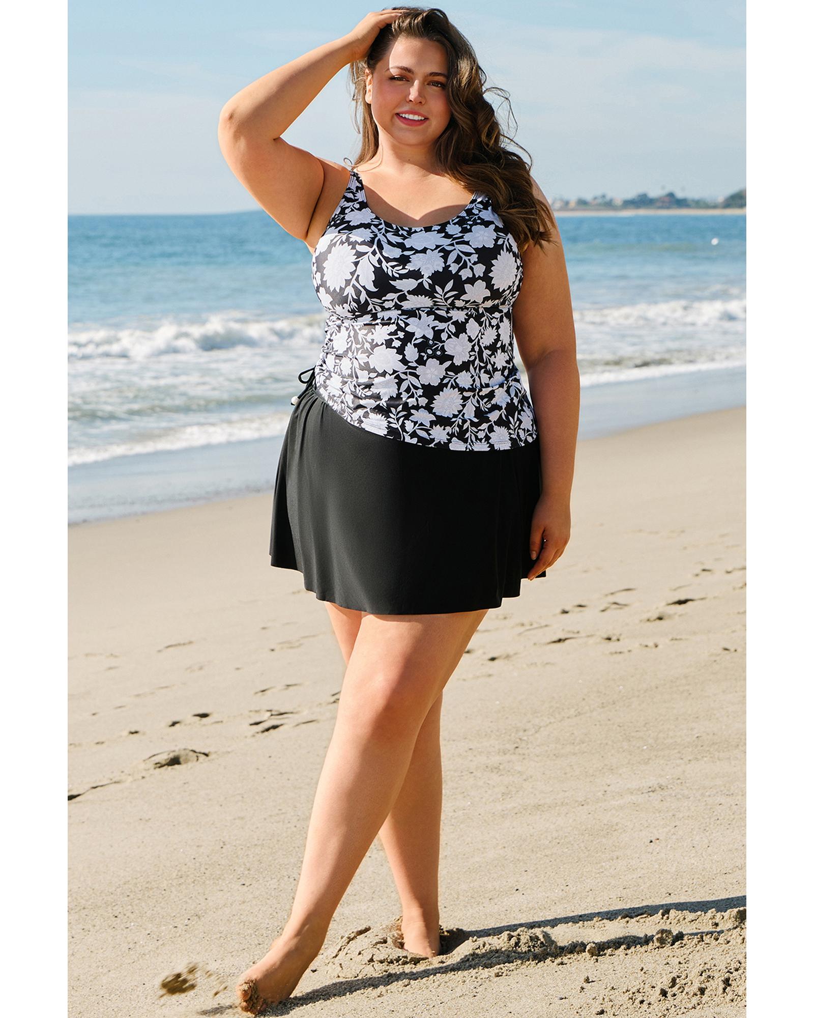 Black Plus Size Printed Square Neck Drawstring Ruffled Tankini Set - 4X