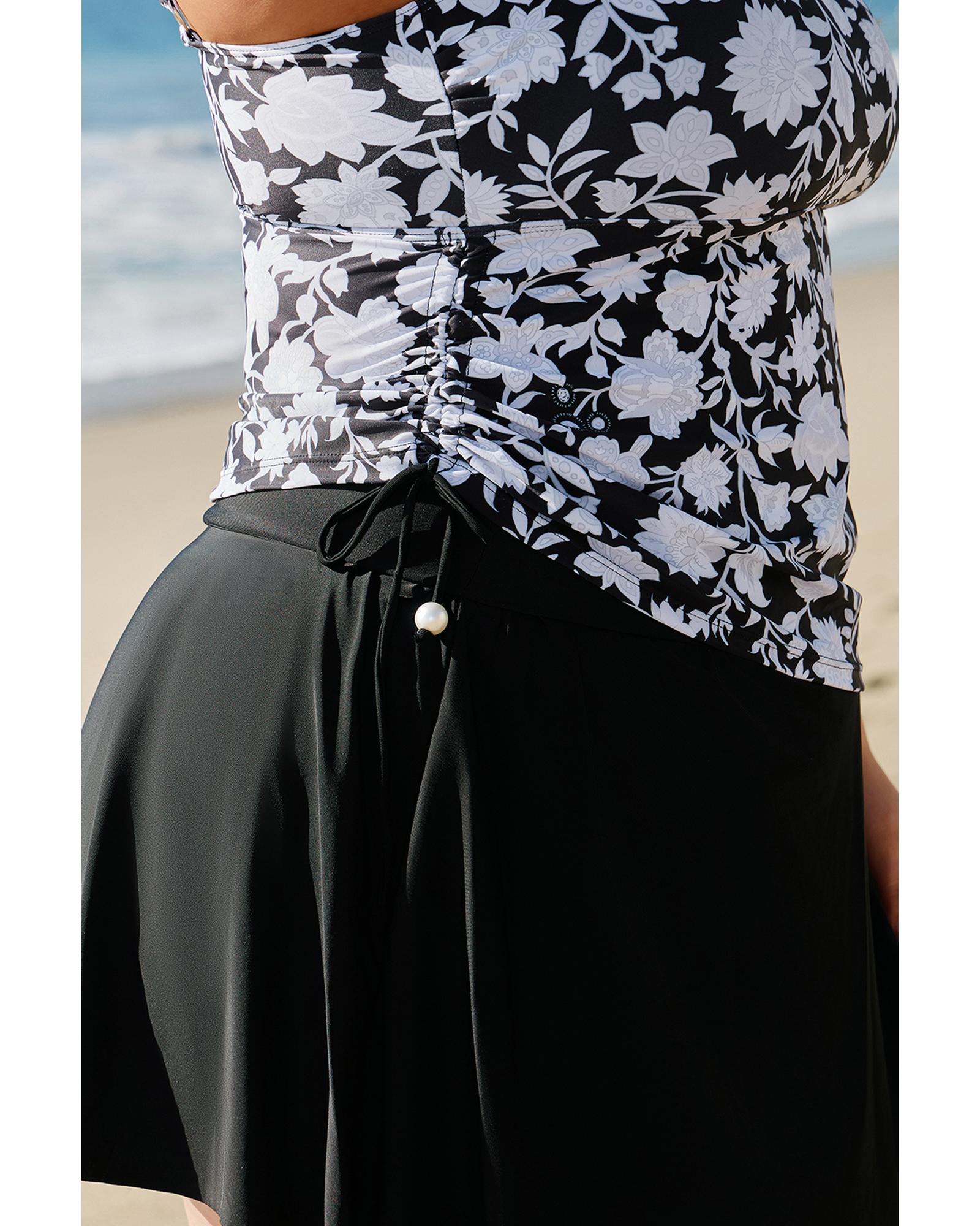Black Plus Size Printed Square Neck Drawstring Ruffled Tankini Set - 4X