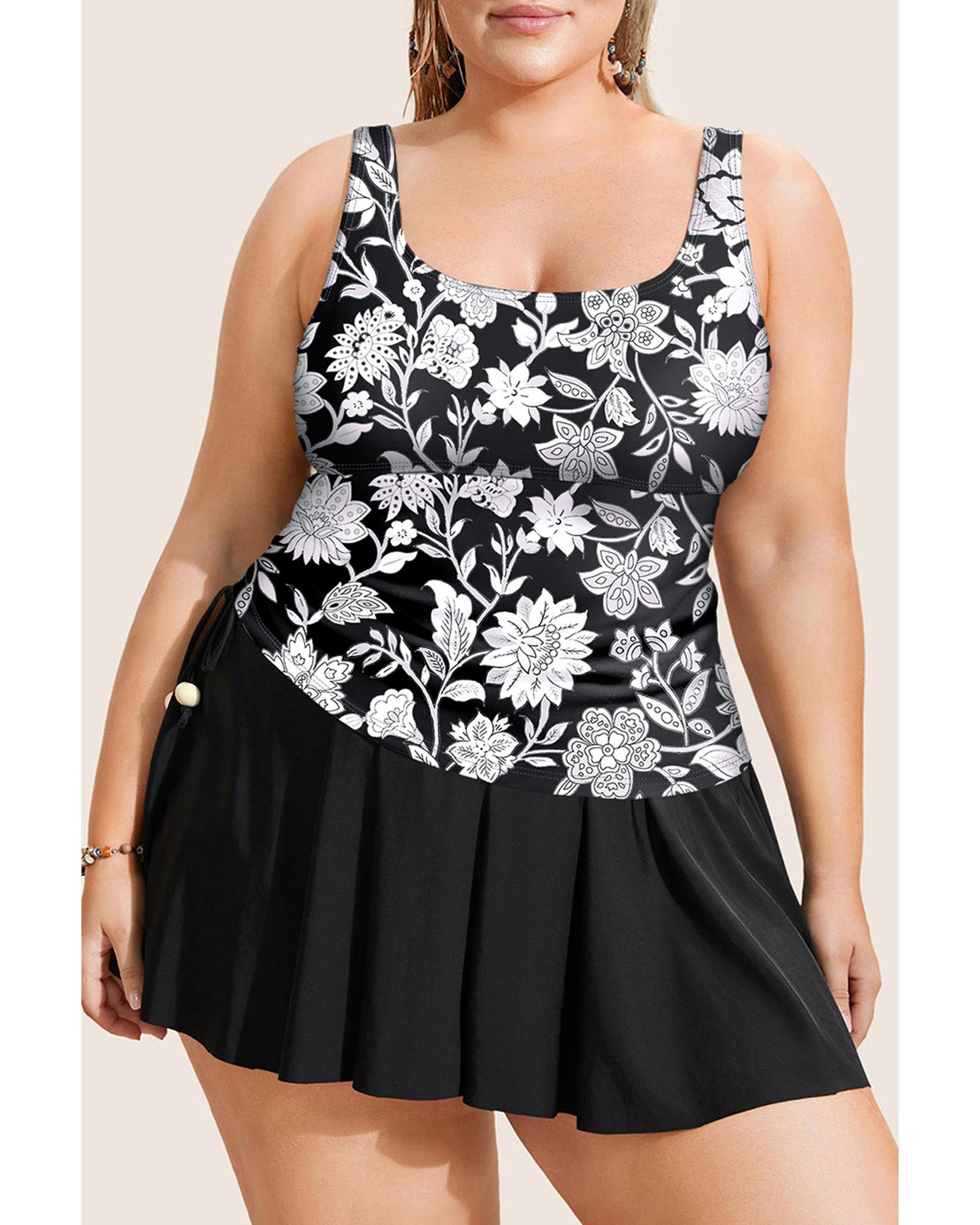 Black Plus Size Printed Square Neck Drawstring Ruffled Tankini Set - 4X