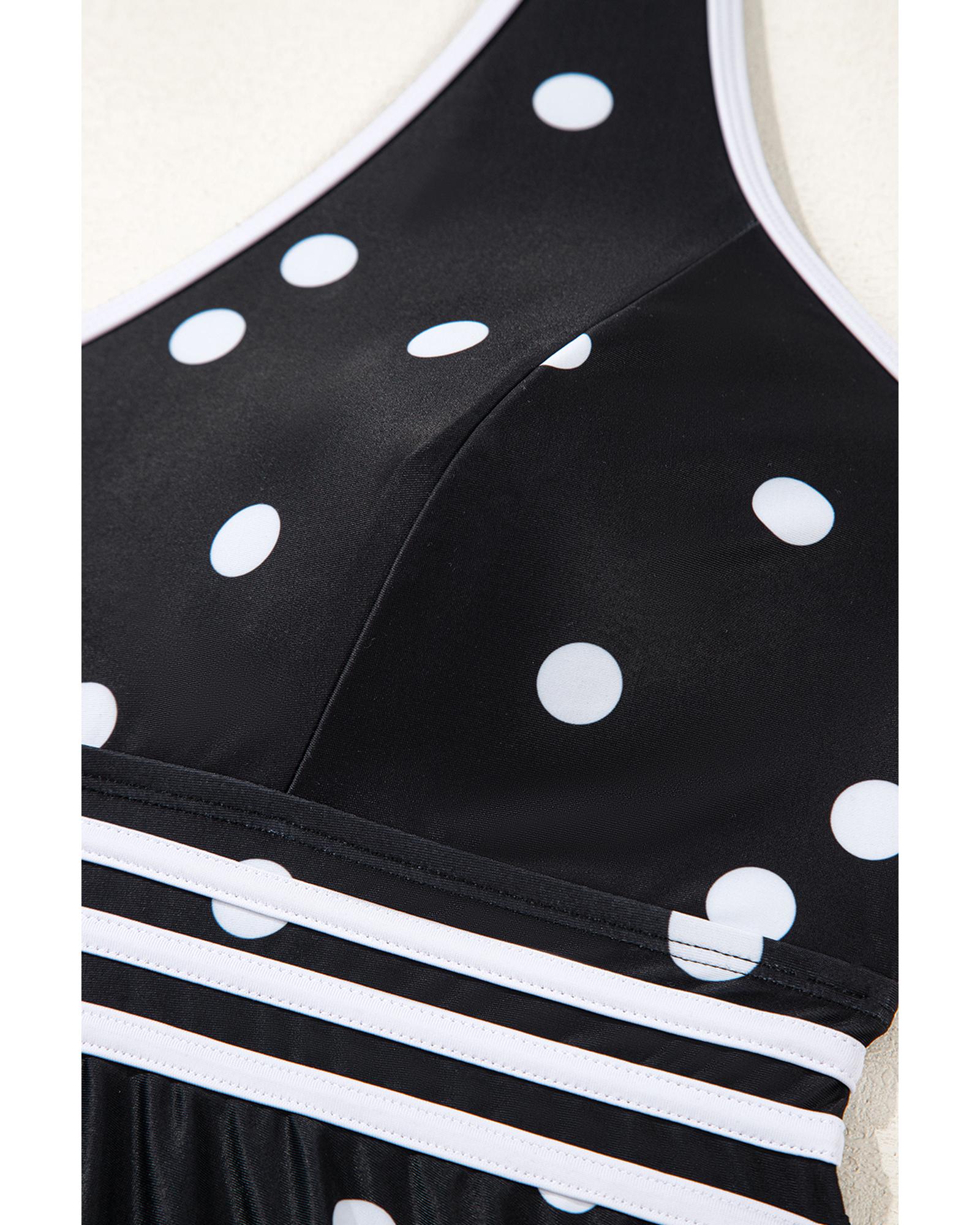 Black Polka Dot Trim V Neck Plus Size Swim Dress - 4X