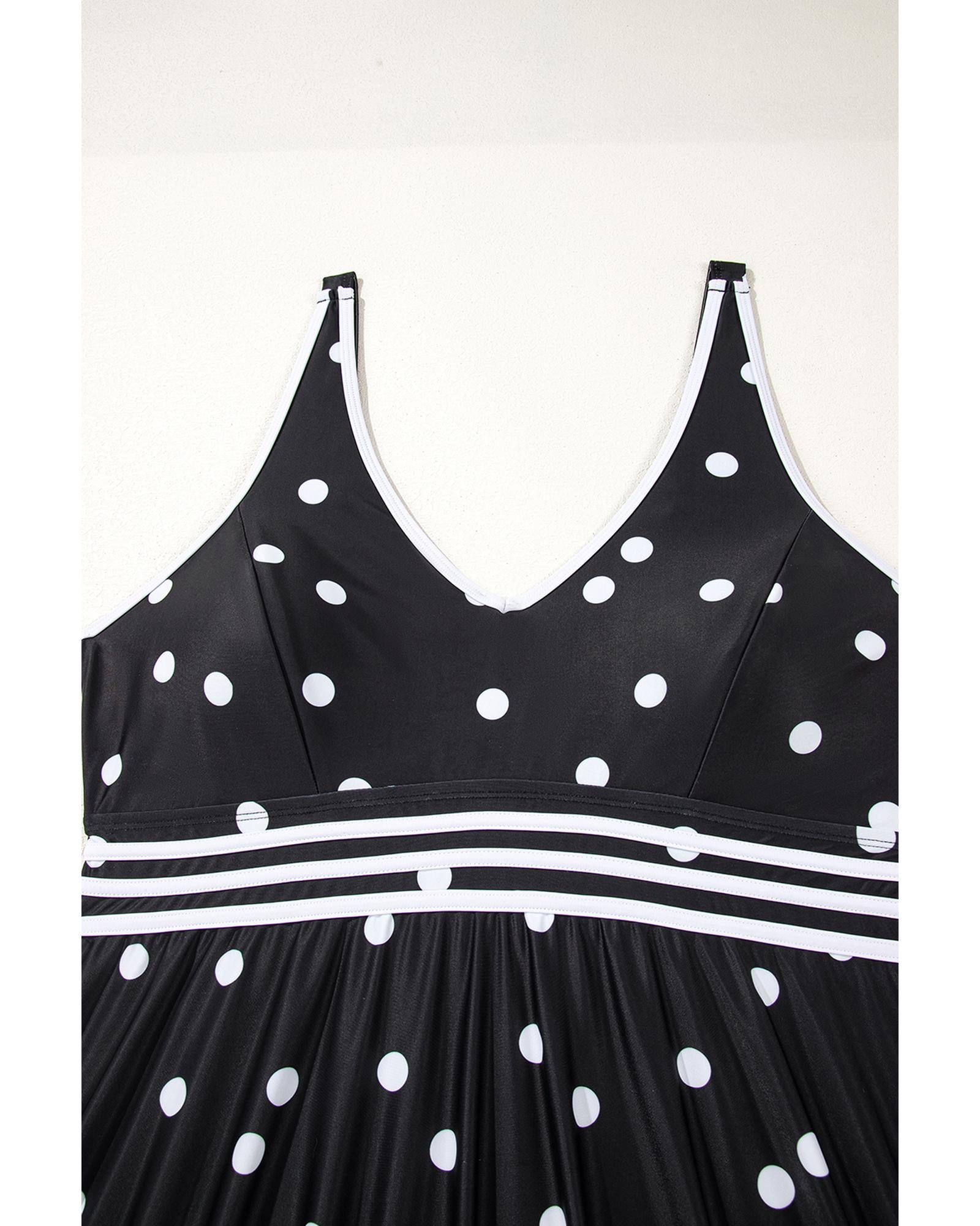 Black Polka Dot Trim V Neck Plus Size Swim Dress - 4X