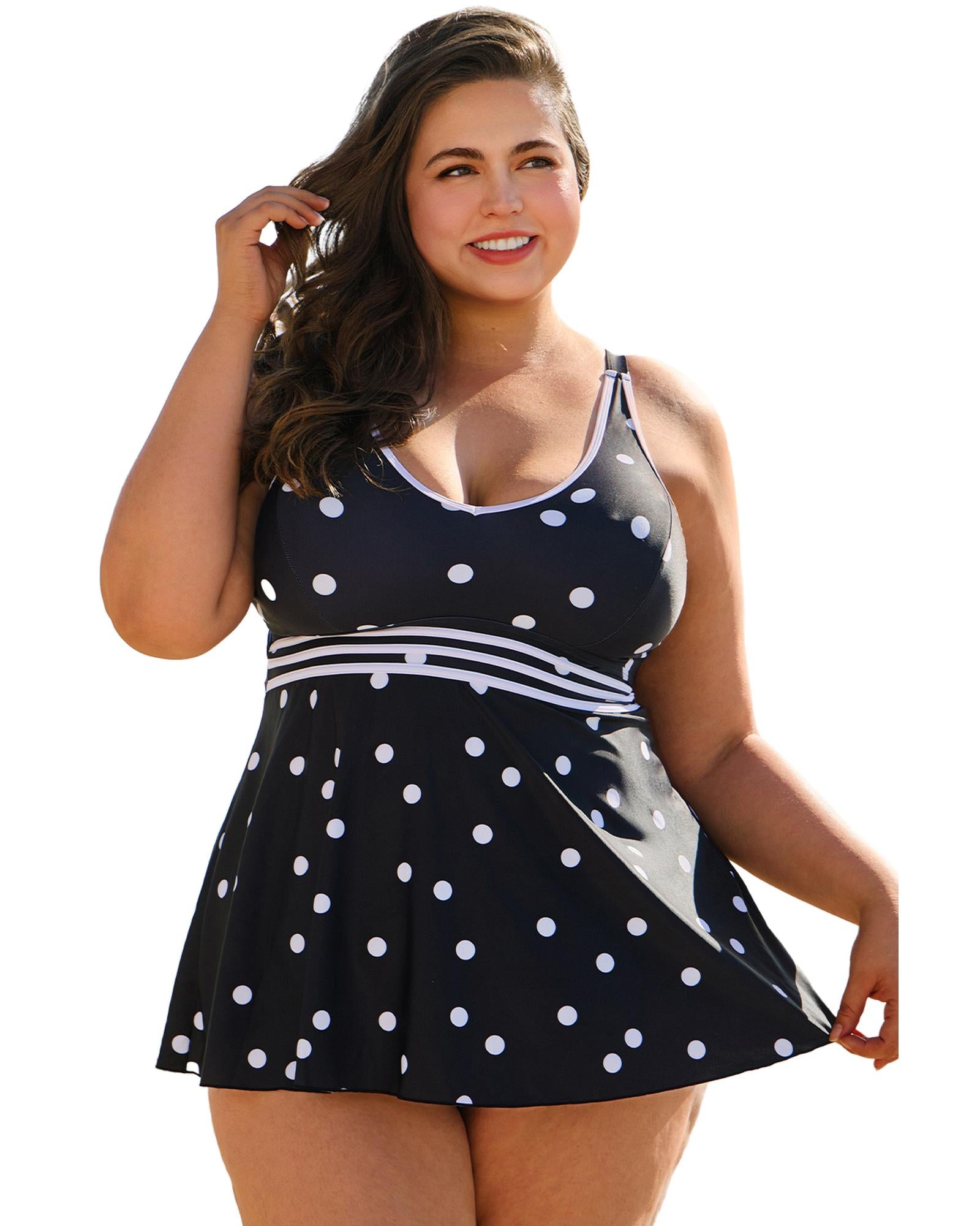 Black Polka Dot Trim V Neck Plus Size Swim Dress - 4X