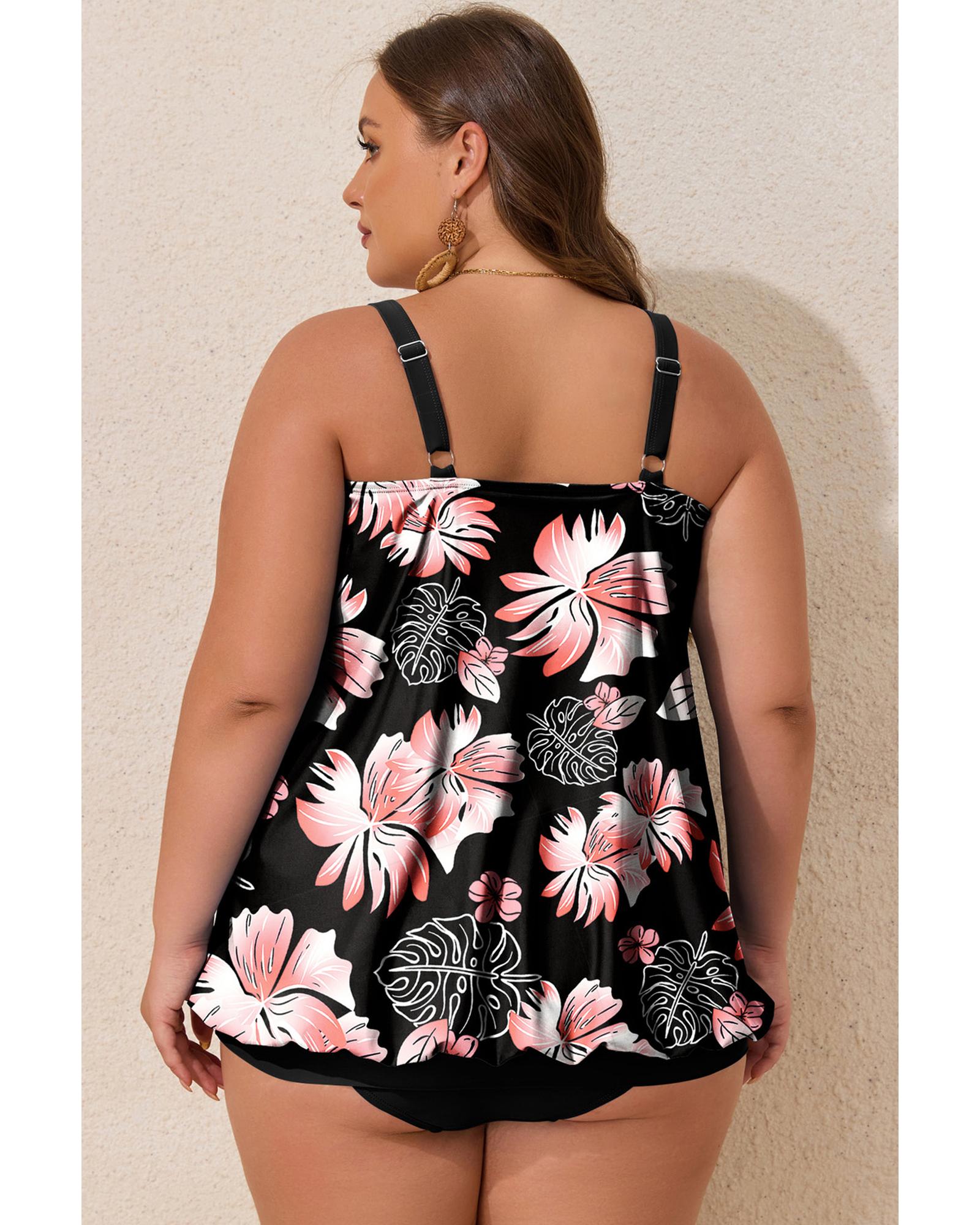 Black 2pcs Plus Size Wide Strap Floral Top Tankini Set - 1X