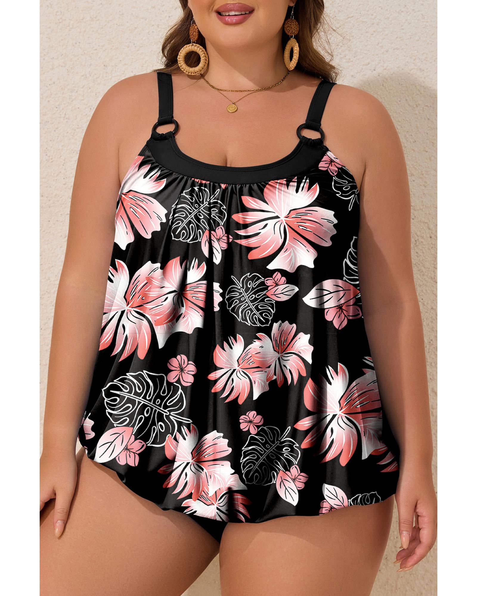 Black 2pcs Plus Size Wide Strap Floral Top Tankini Set - 1X
