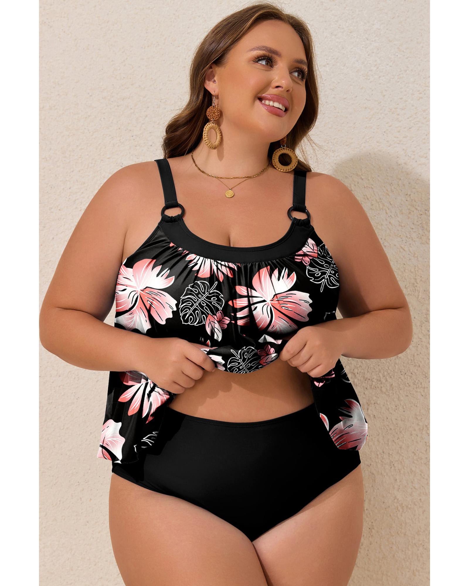 Black 2pcs Plus Size Wide Strap Floral Top Tankini Set - 3X