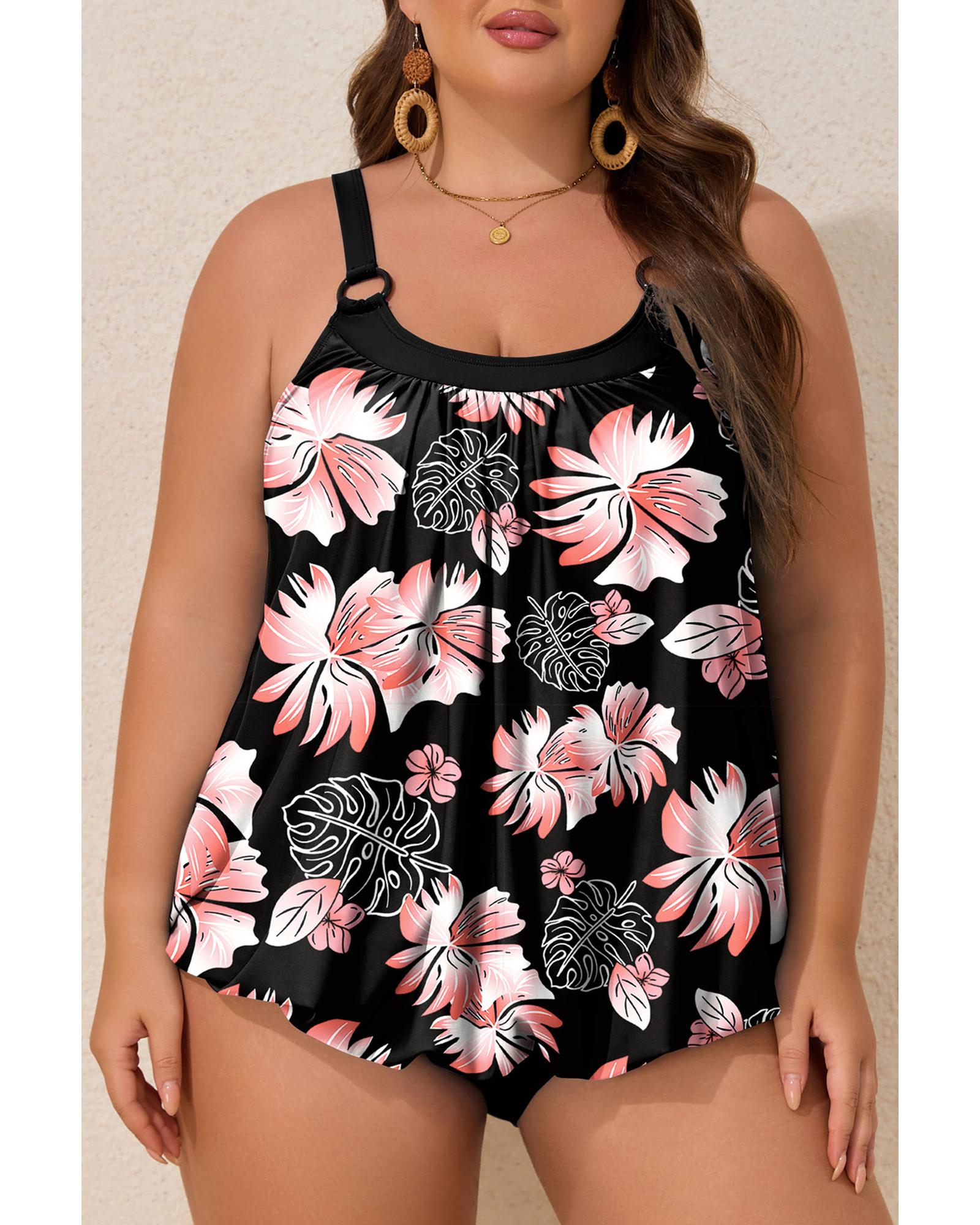 Black 2pcs Plus Size Wide Strap Floral Top Tankini Set - 3X