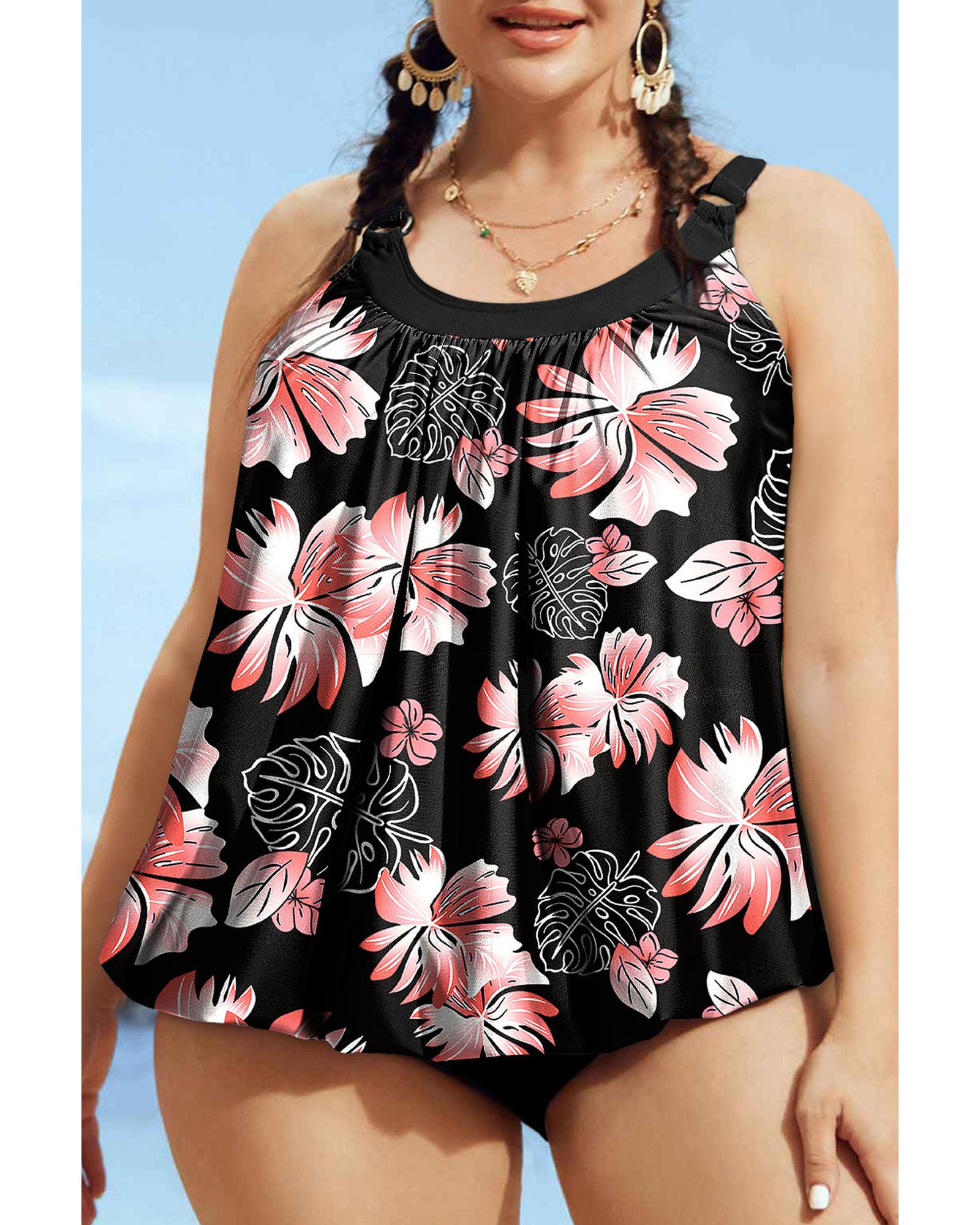 Black 2pcs Plus Size Wide Strap Floral Top Tankini Set - 3X