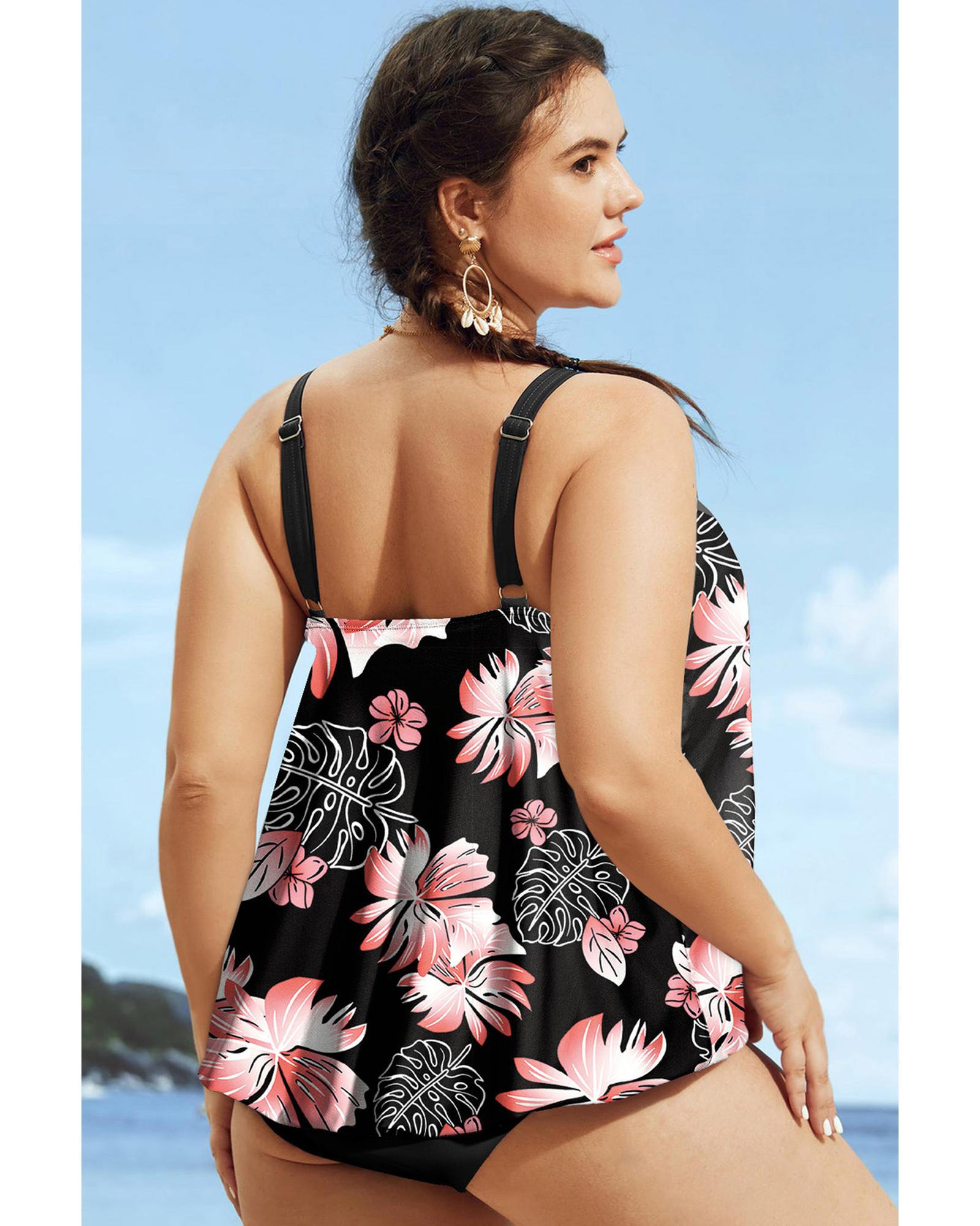 Black 2pcs Plus Size Wide Strap Floral Top Tankini Set - 4X