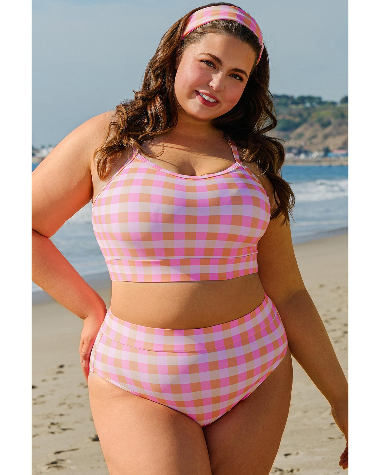 Pink Plus Size Plaid Print High Waist Bikini Set - 1X
