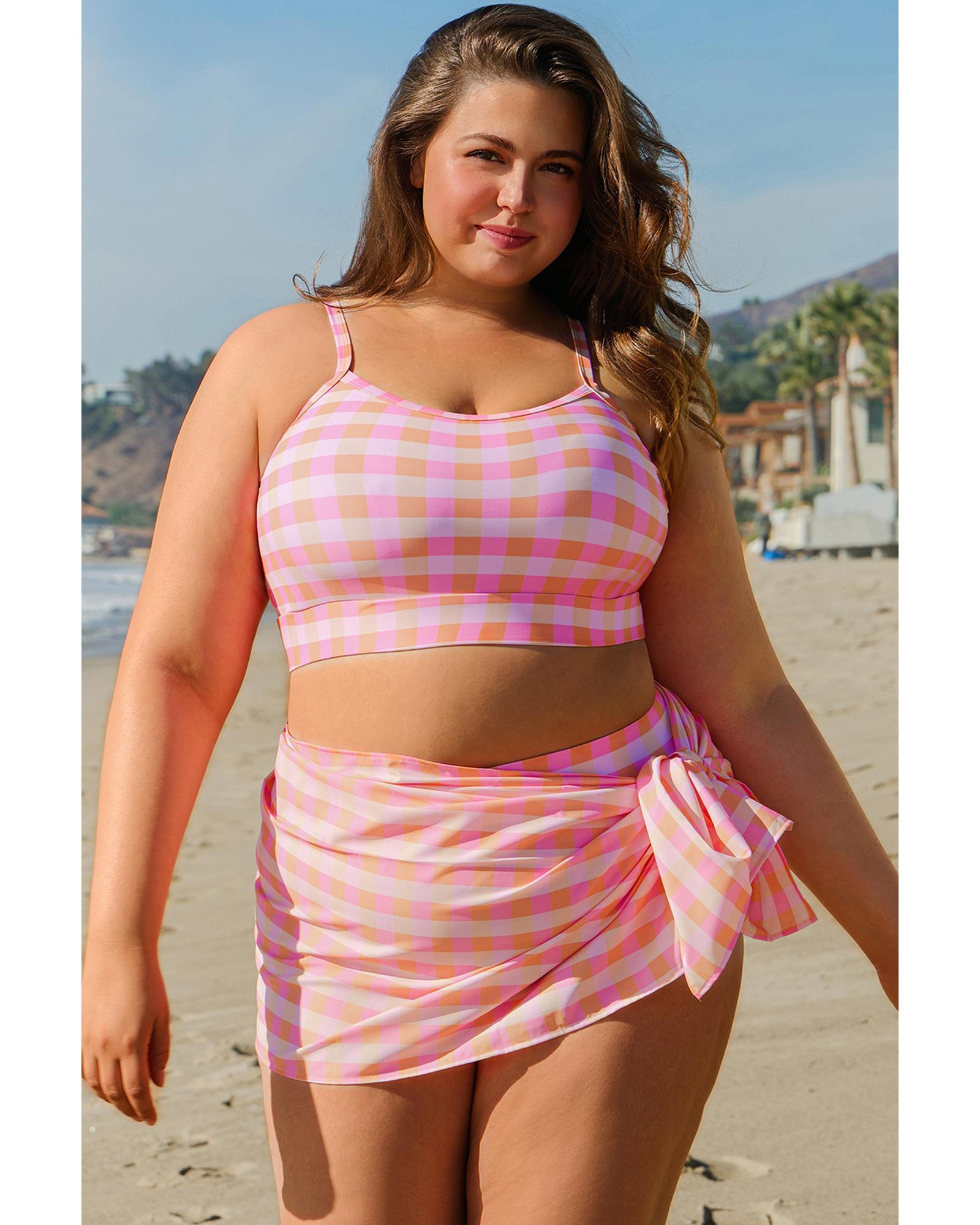 Pink Plus Size Plaid Print High Waist Bikini Set - 1X