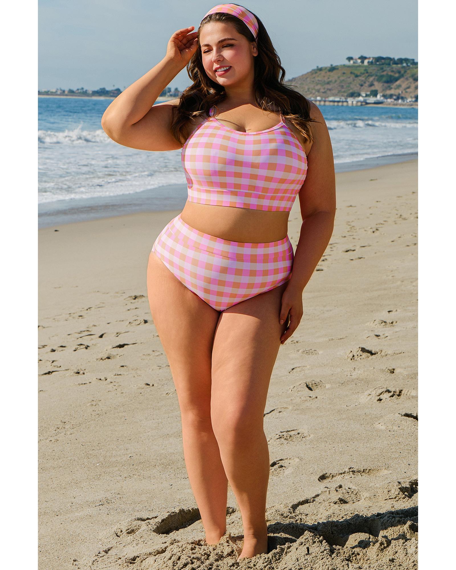 Pink Plus Size Plaid Print High Waist Bikini Set - 1X