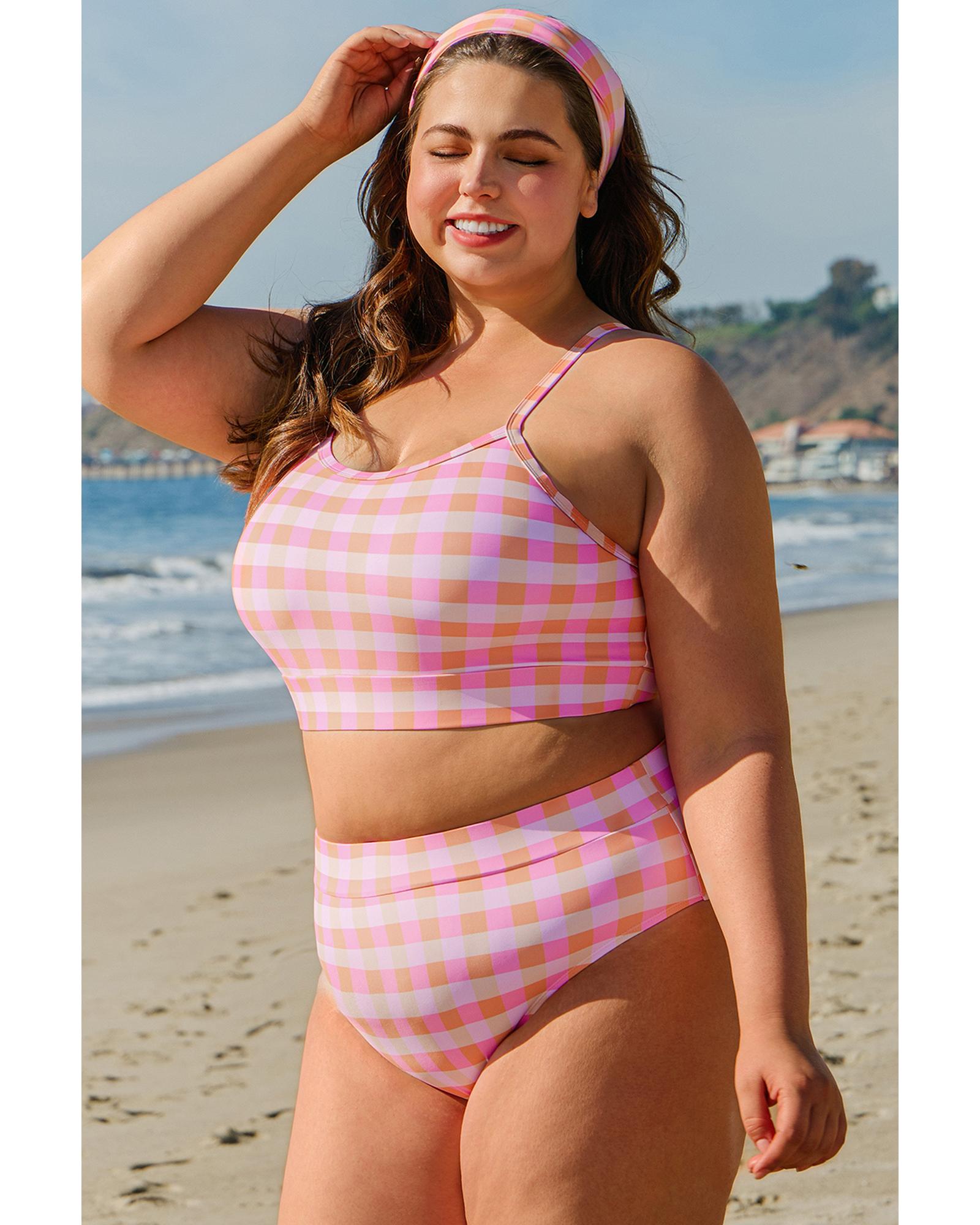 Pink Plus Size Plaid Print High Waist Bikini Set - 2X