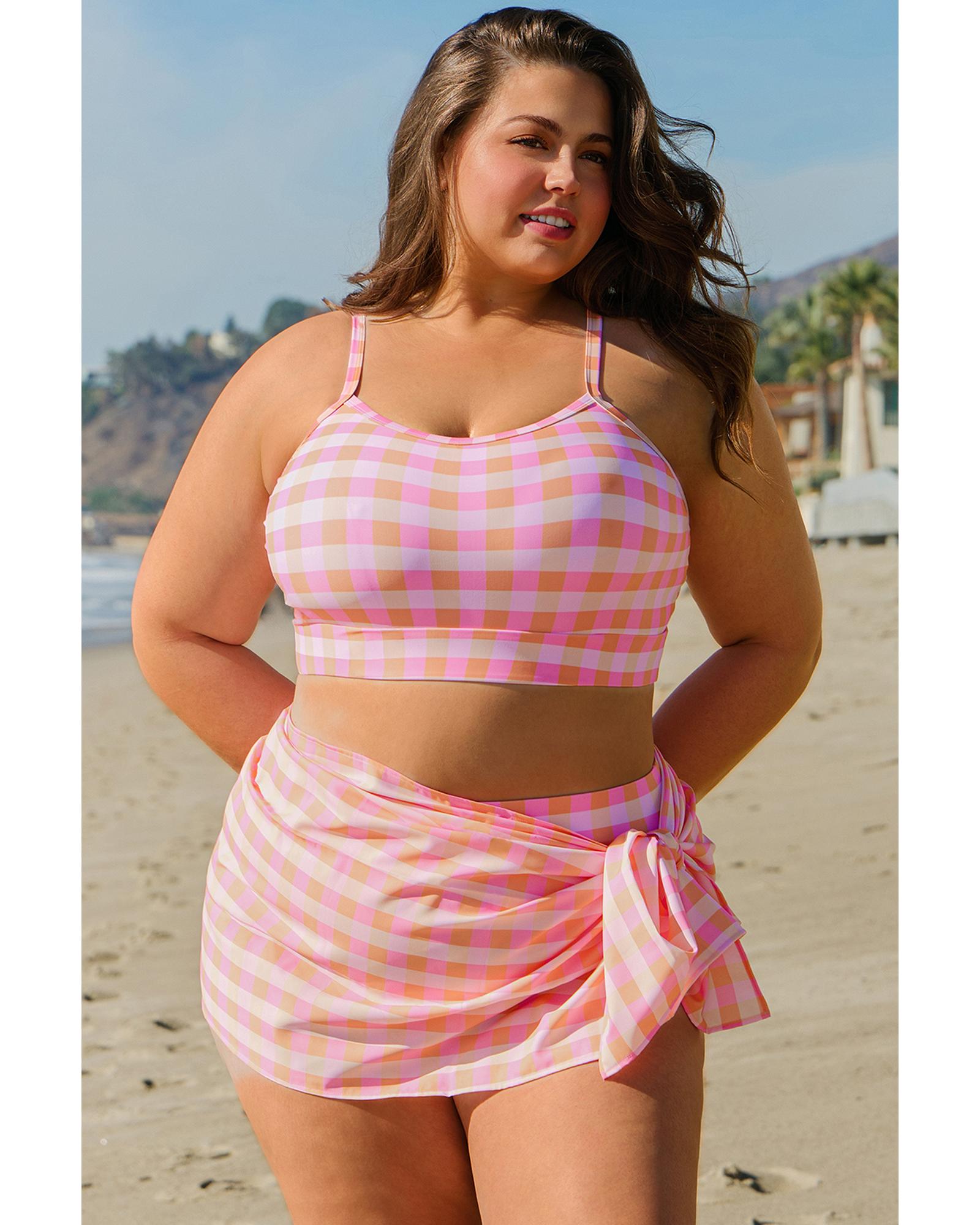 Pink Plus Size Plaid Print High Waist Bikini Set - 2X