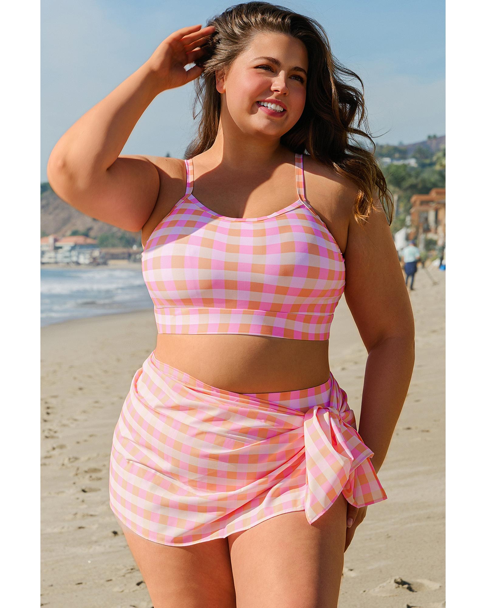 Pink Plus Size Plaid Print High Waist Bikini Set - 2X