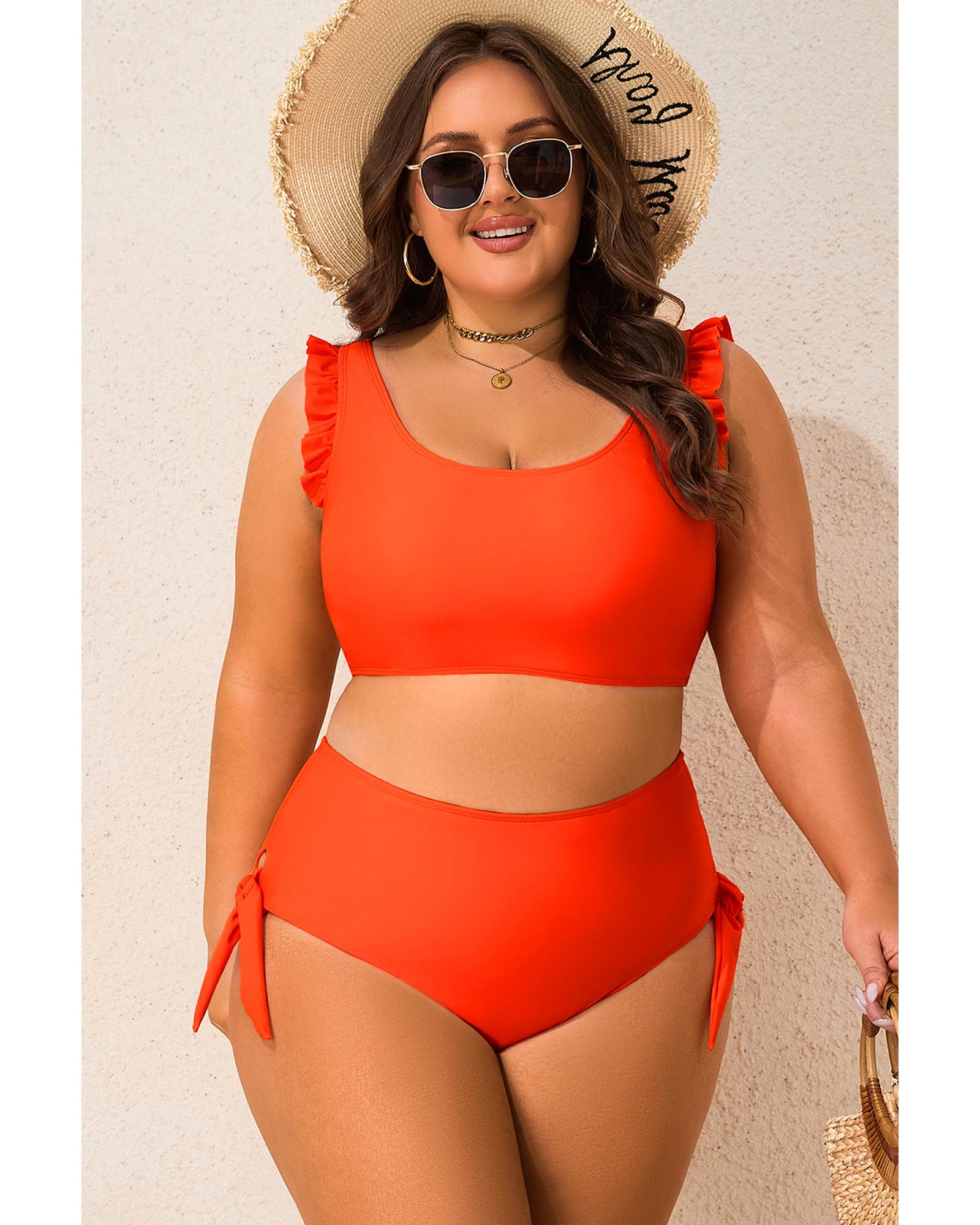 Orange Ruffled Trim Knotted High Waist Plus Size Bikini Set - 2X