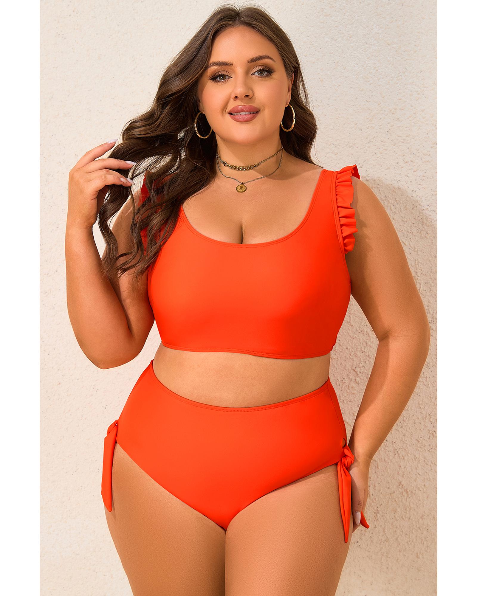Orange Ruffled Trim Knotted High Waist Plus Size Bikini Set - 2X