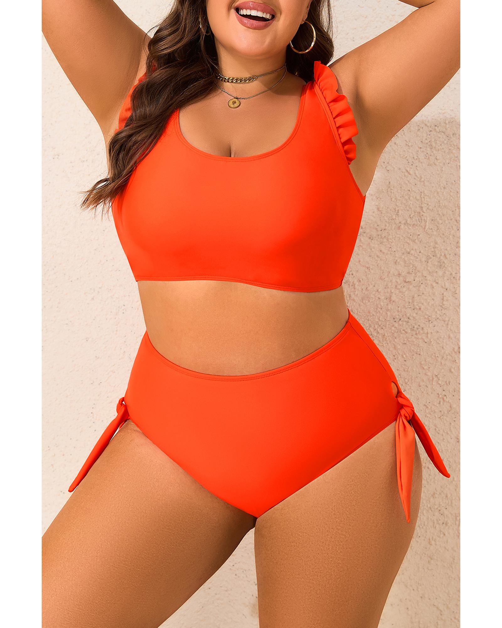 Orange Ruffled Trim Knotted High Waist Plus Size Bikini Set - 2X