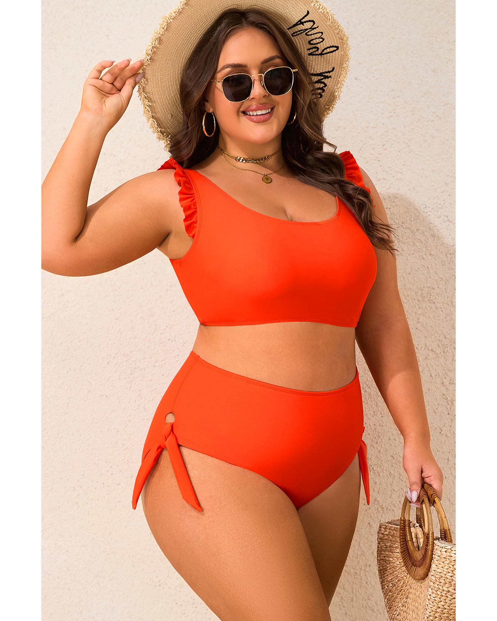 Orange Ruffled Trim Knotted High Waist Plus Size Bikini Set - 3X