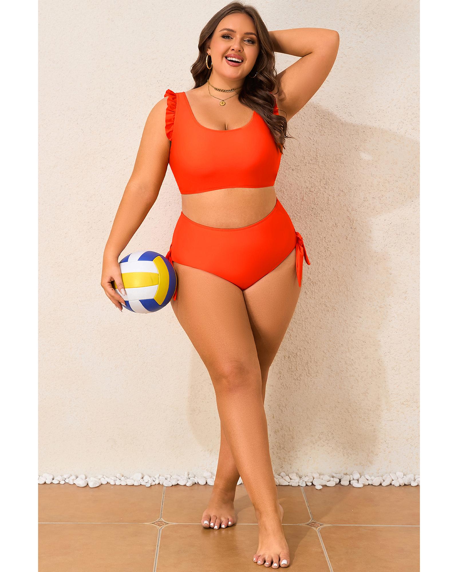 Orange Ruffled Trim Knotted High Waist Plus Size Bikini Set - 3X