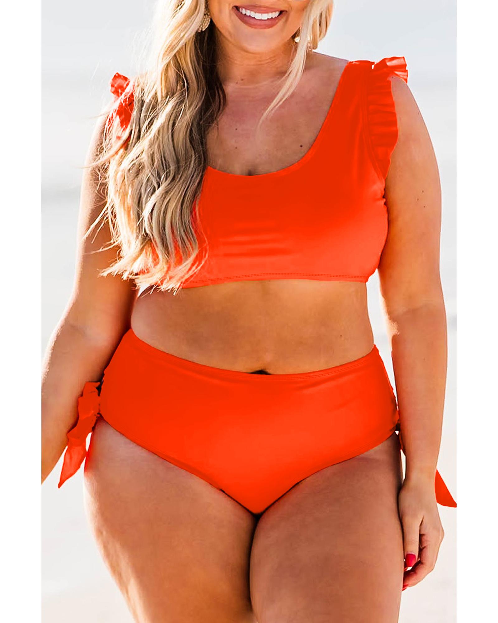 Orange Ruffled Trim Knotted High Waist Plus Size Bikini Set - 3X