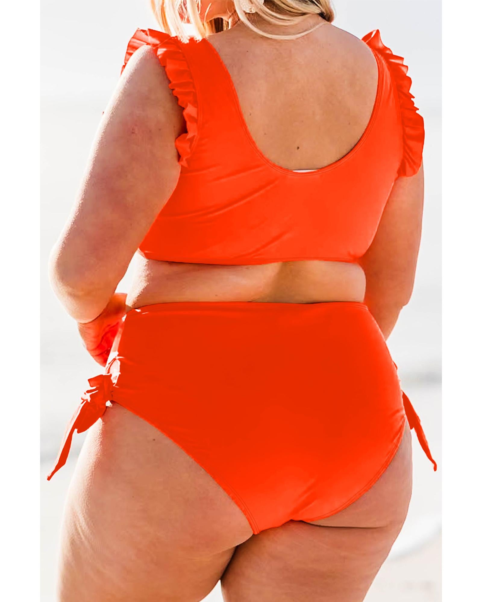 Orange Ruffled Trim Knotted High Waist Plus Size Bikini Set - 3X