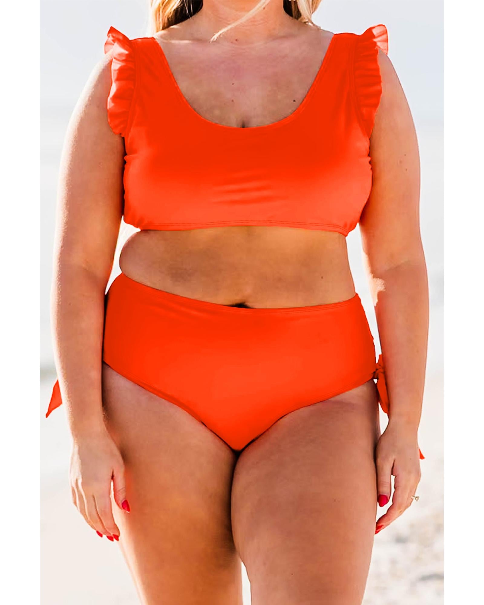 Orange Ruffled Trim Knotted High Waist Plus Size Bikini Set - 3X
