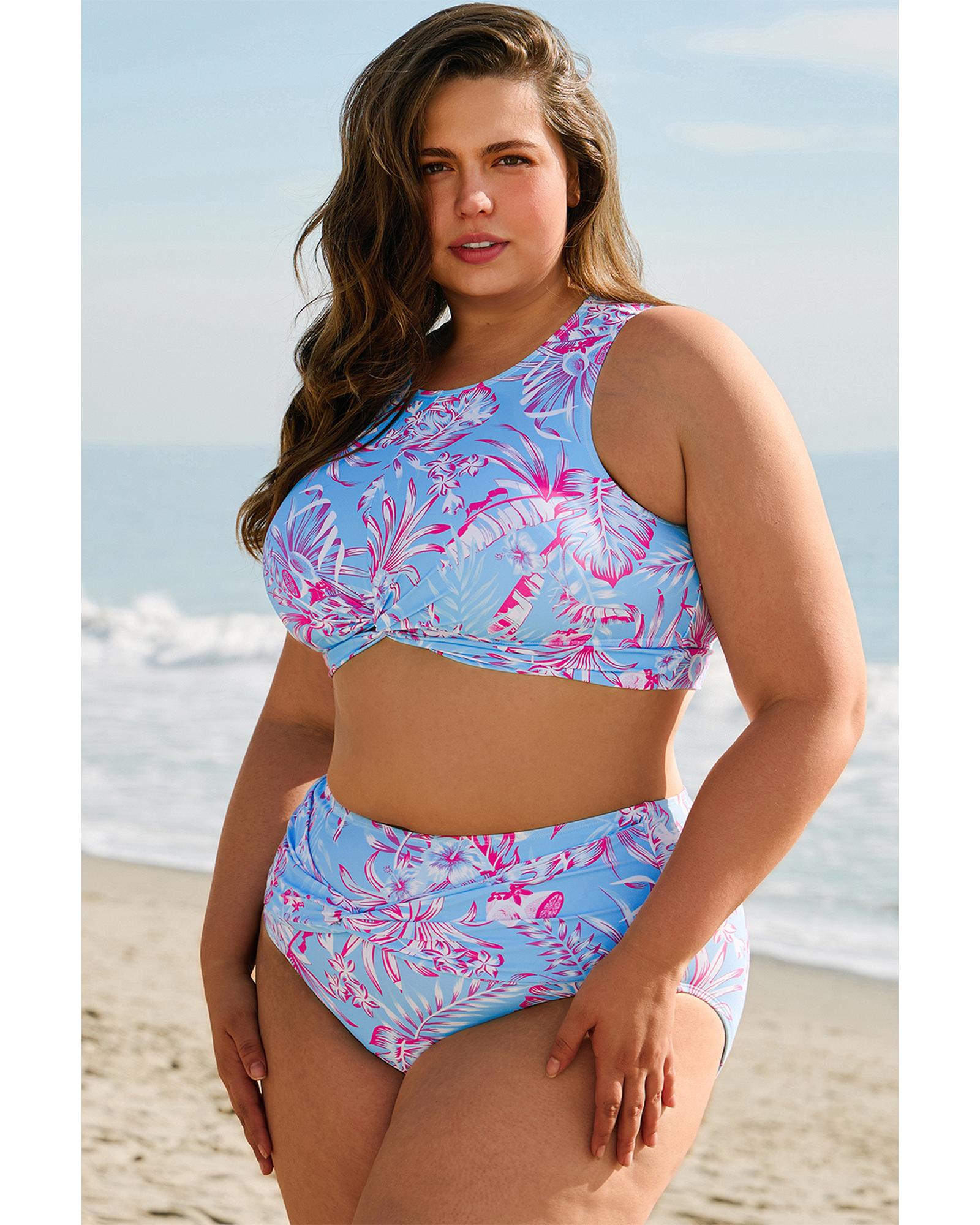 Sky Blue Plus Size Floral Print Twisted High Waist Bikini Set - 3X