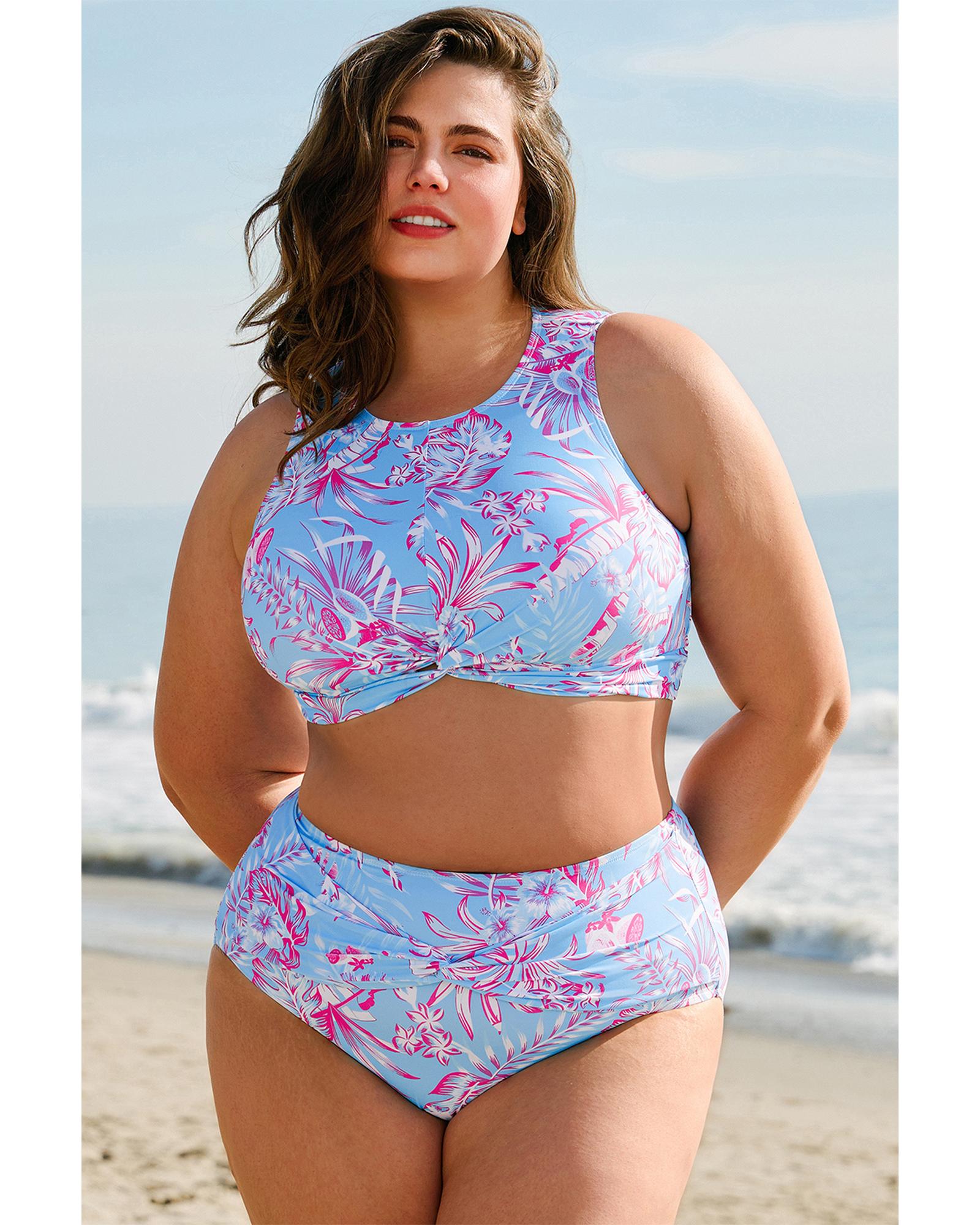 Sky Blue Plus Size Floral Print Twisted High Waist Bikini Set - 3X
