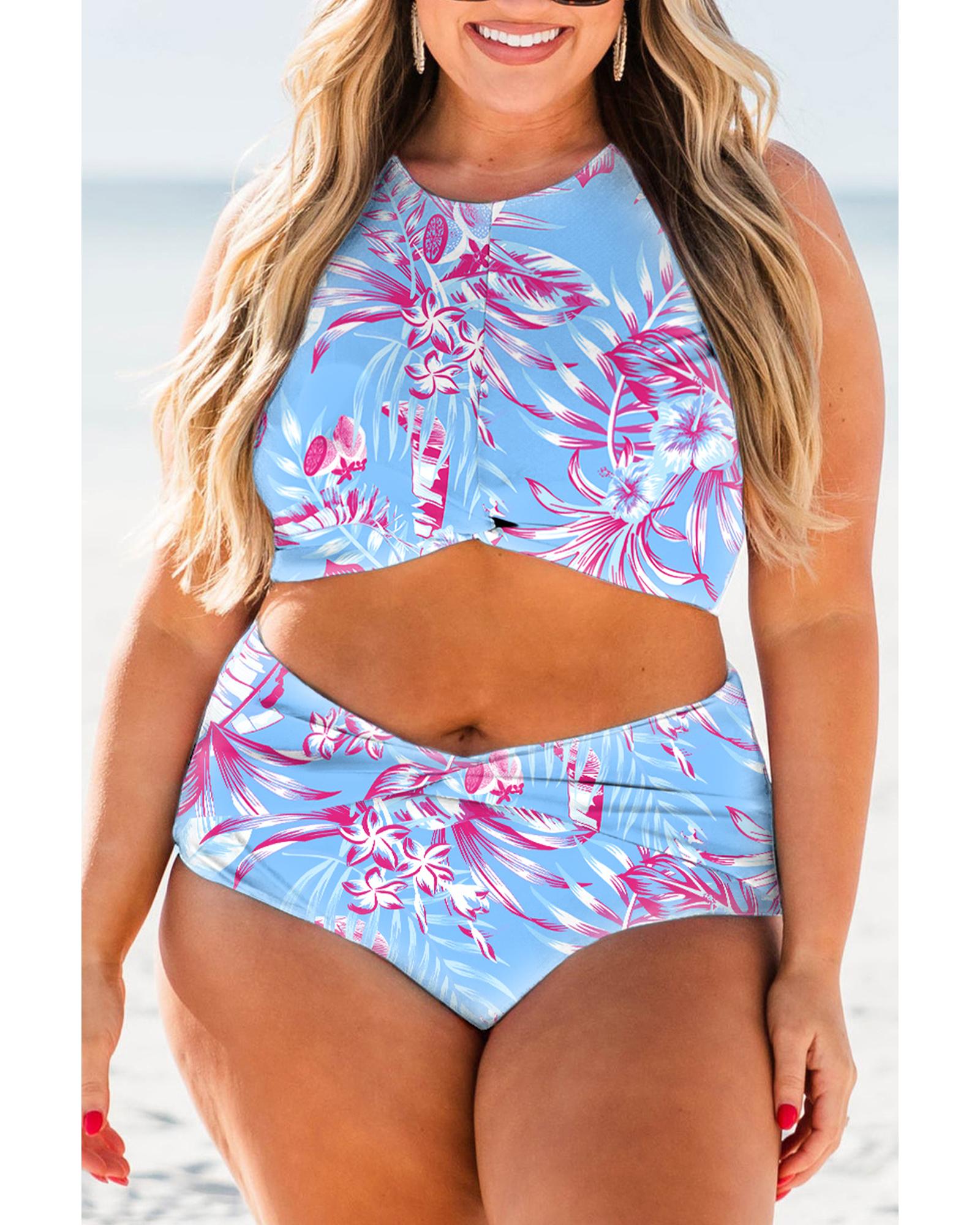 Sky Blue Plus Size Floral Print Twisted High Waist Bikini Set - 3X