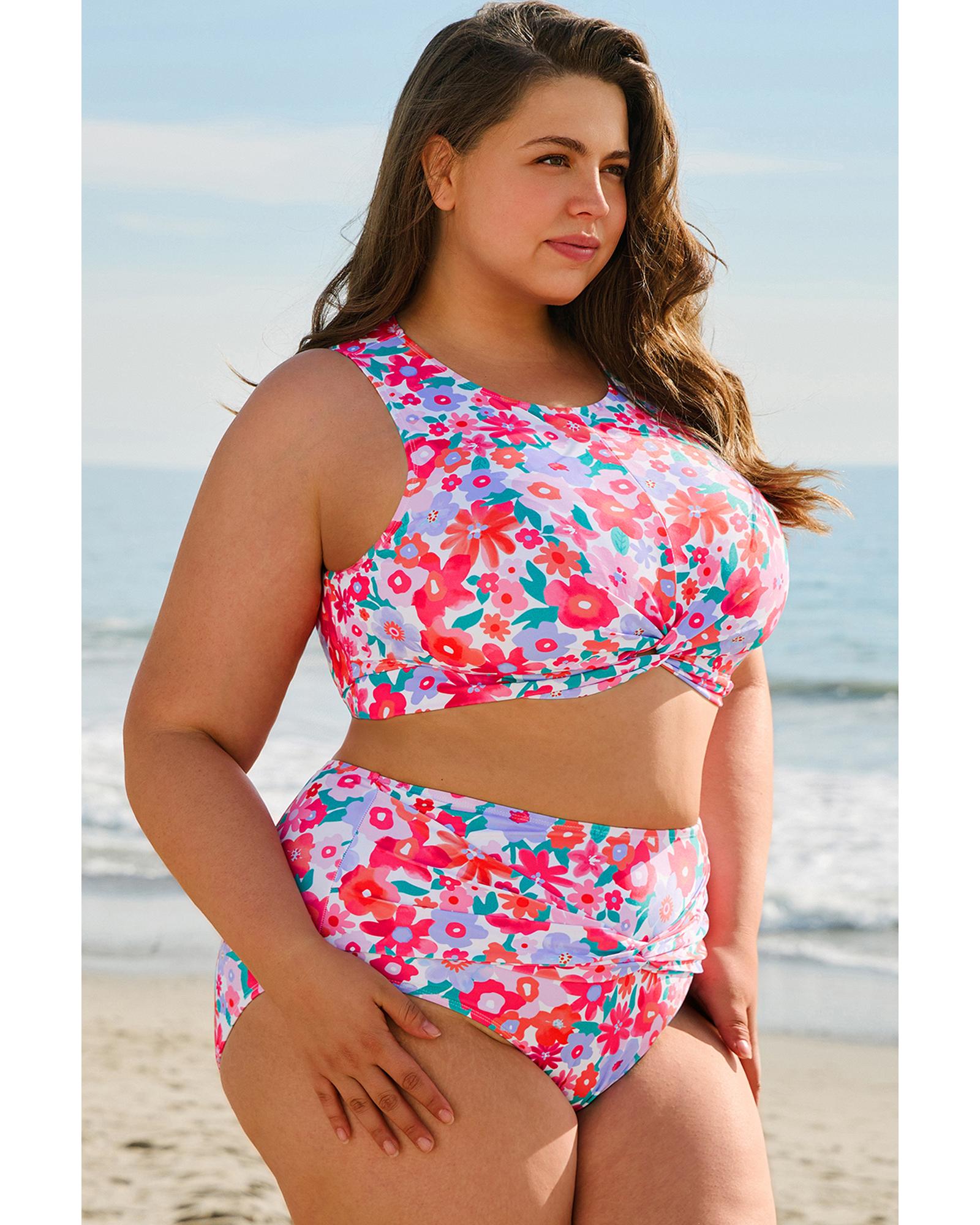 Rose Plus Size Floral Print Twisted High Waist Bikini Set - 1X