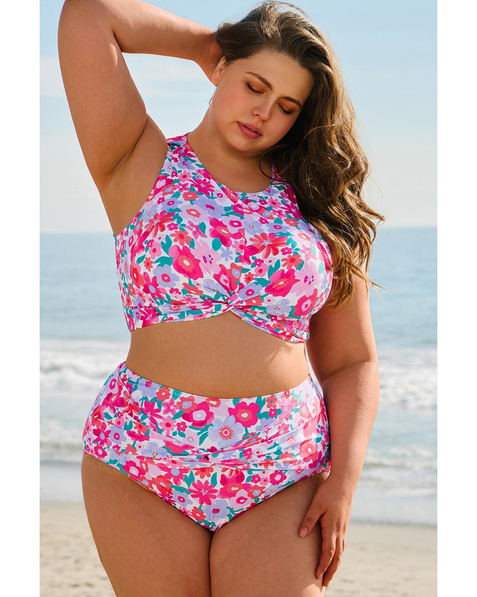 Rose Plus Size Floral Print Twisted High Waist Bikini Set - 1X