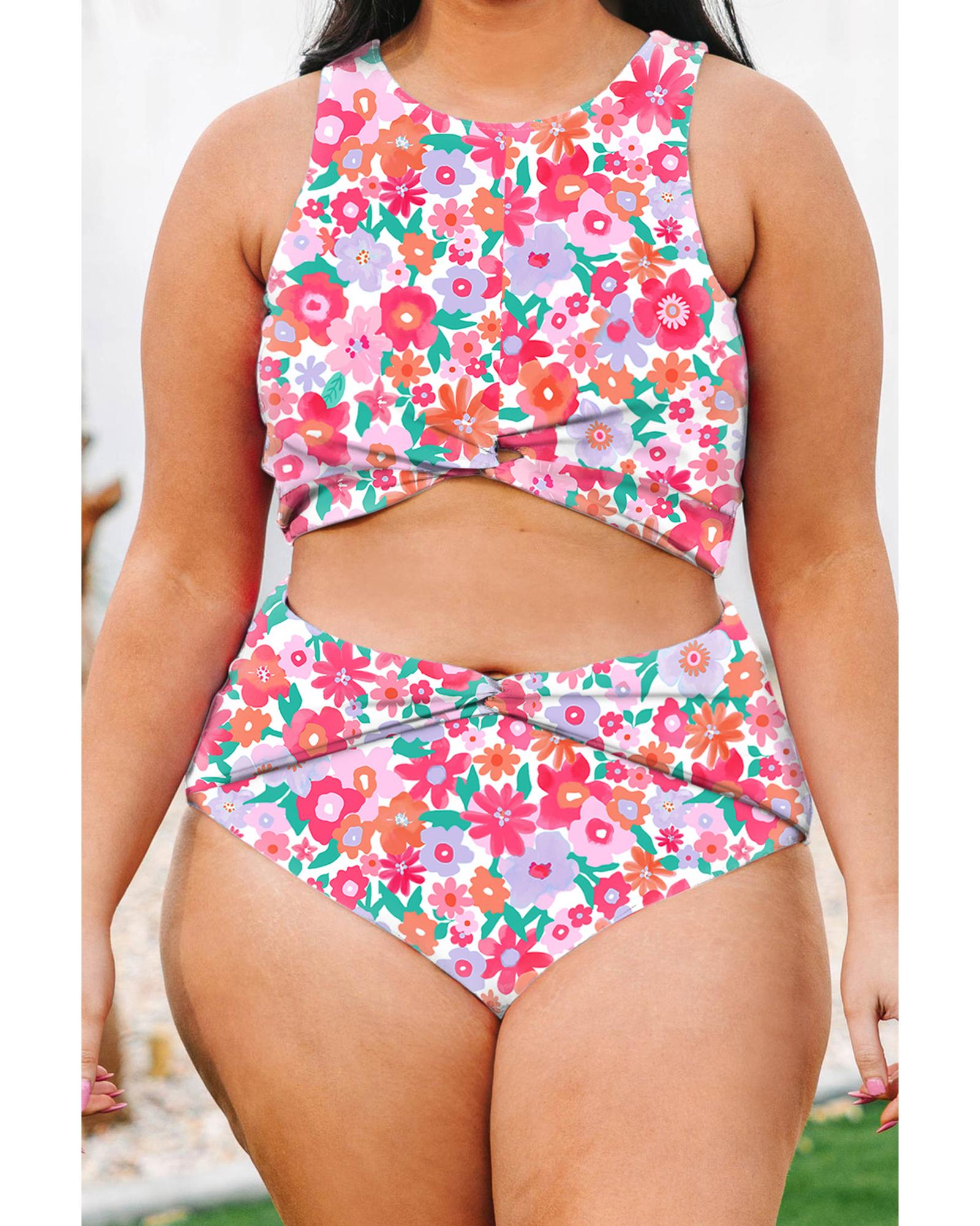 Rose Plus Size Floral Print Twisted High Waist Bikini Set - 1X