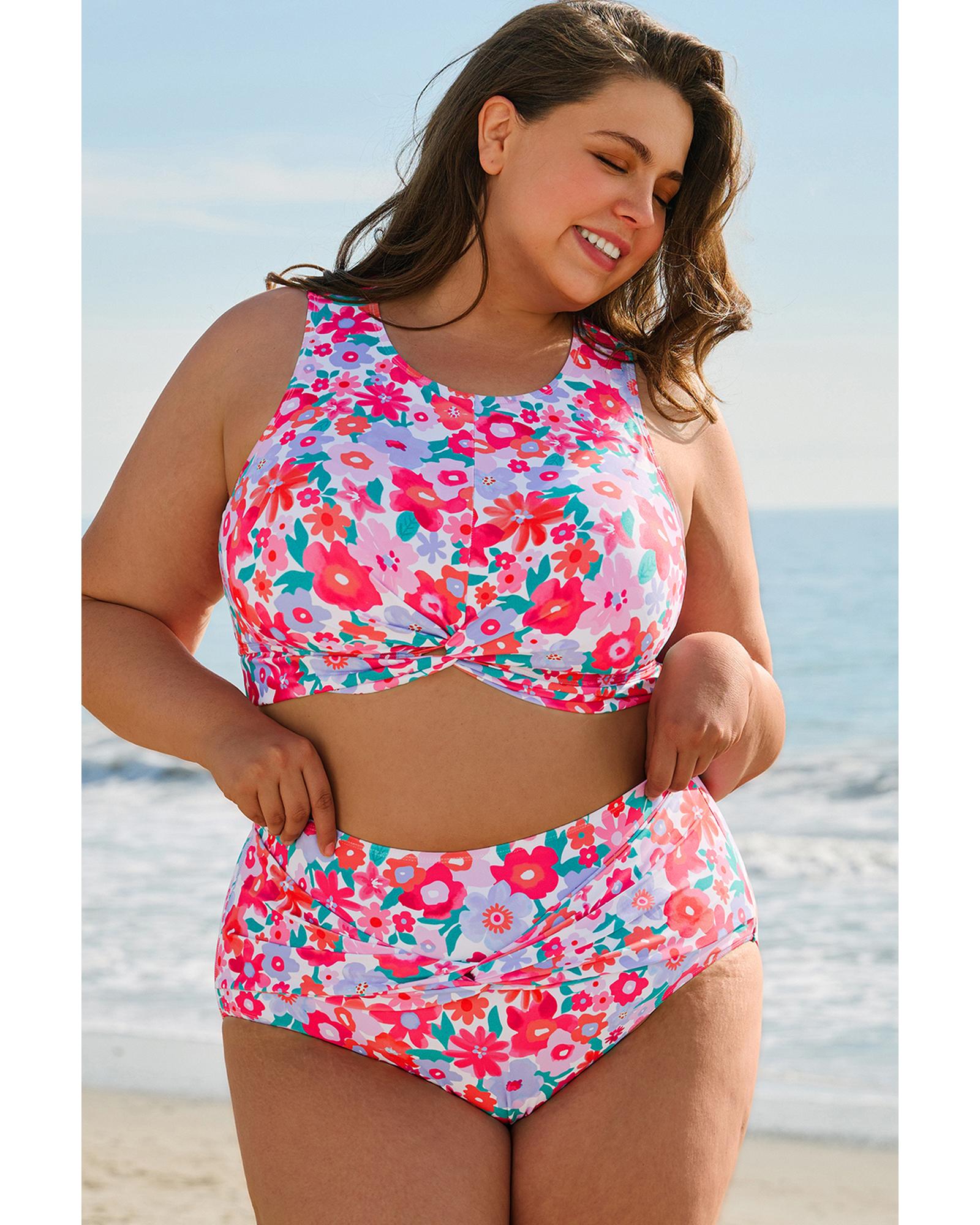 Rose Plus Size Floral Print Twisted High Waist Bikini Set - 2X