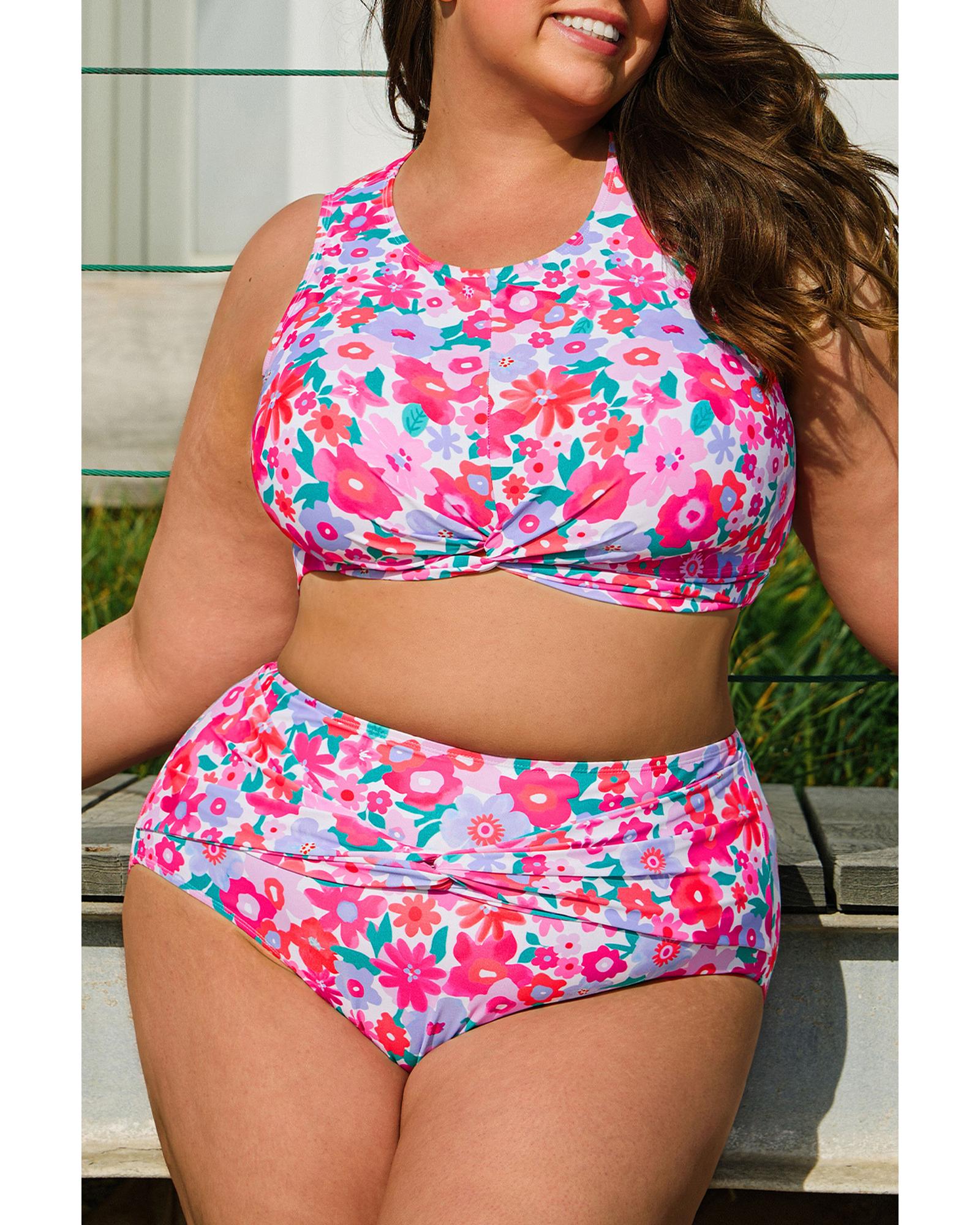 Rose Plus Size Floral Print Twisted High Waist Bikini Set - 2X