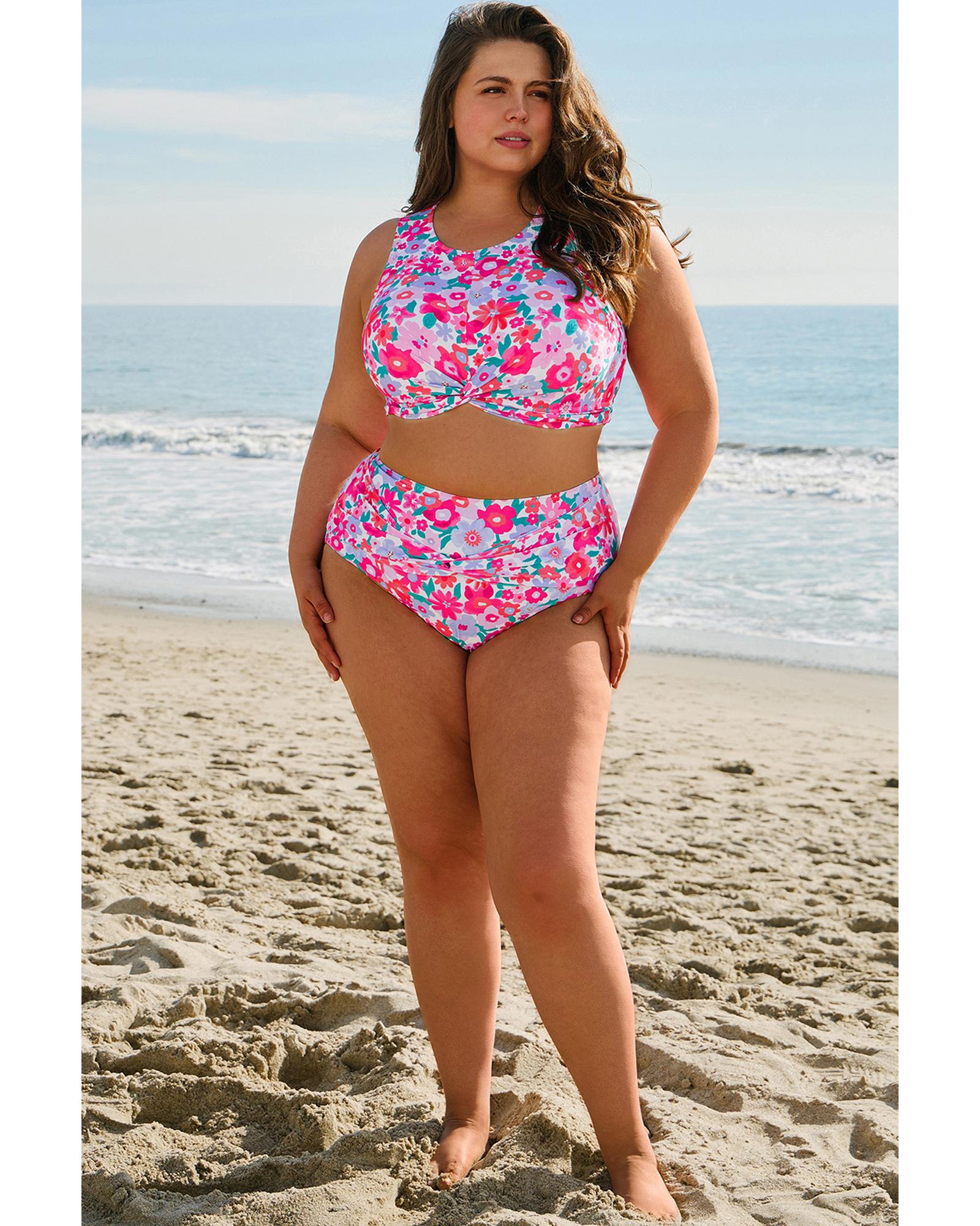 Rose Plus Size Floral Print Twisted High Waist Bikini Set - 4X