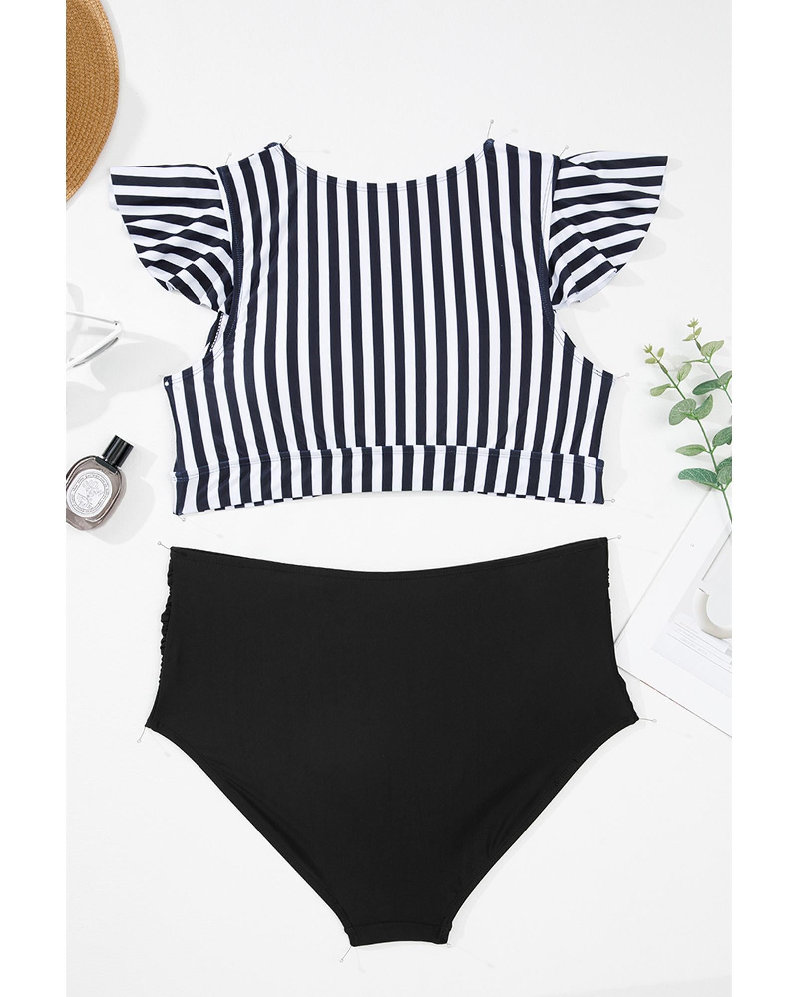 Black Stripe Plus Size Knot Cutout Ruffle Sleeve and High Waisted 2pcs Swimsuit - 1X