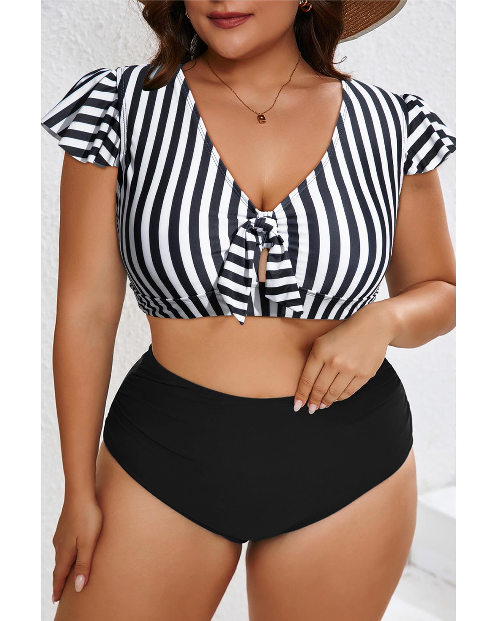 Black Stripe Plus Size Knot Cutout Ruffle Sleeve and High Waisted 2pcs Swimsuit - 3X