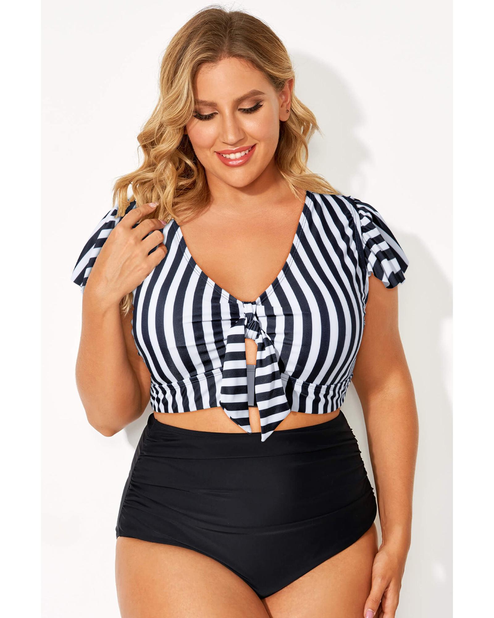 Black Stripe Plus Size Knot Cutout Ruffle Sleeve and High Waisted 2pcs Swimsuit - 3X