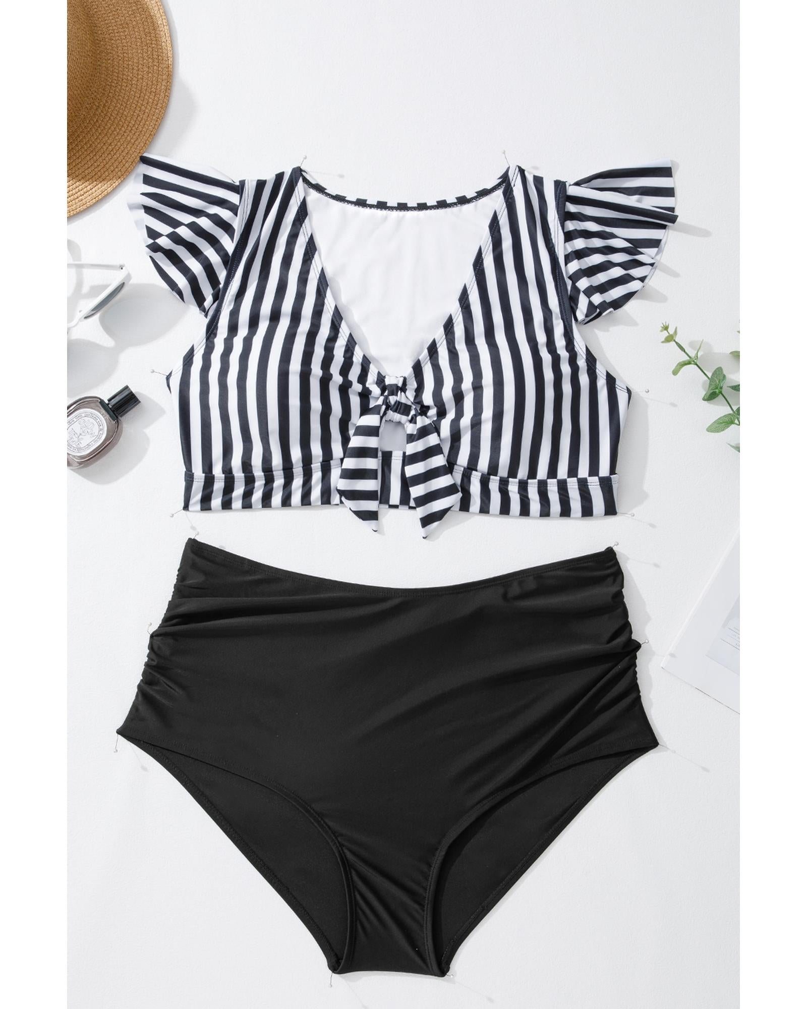 Black Stripe Plus Size Knot Cutout Ruffle Sleeve and High Waisted 2pcs Swimsuit - 3X