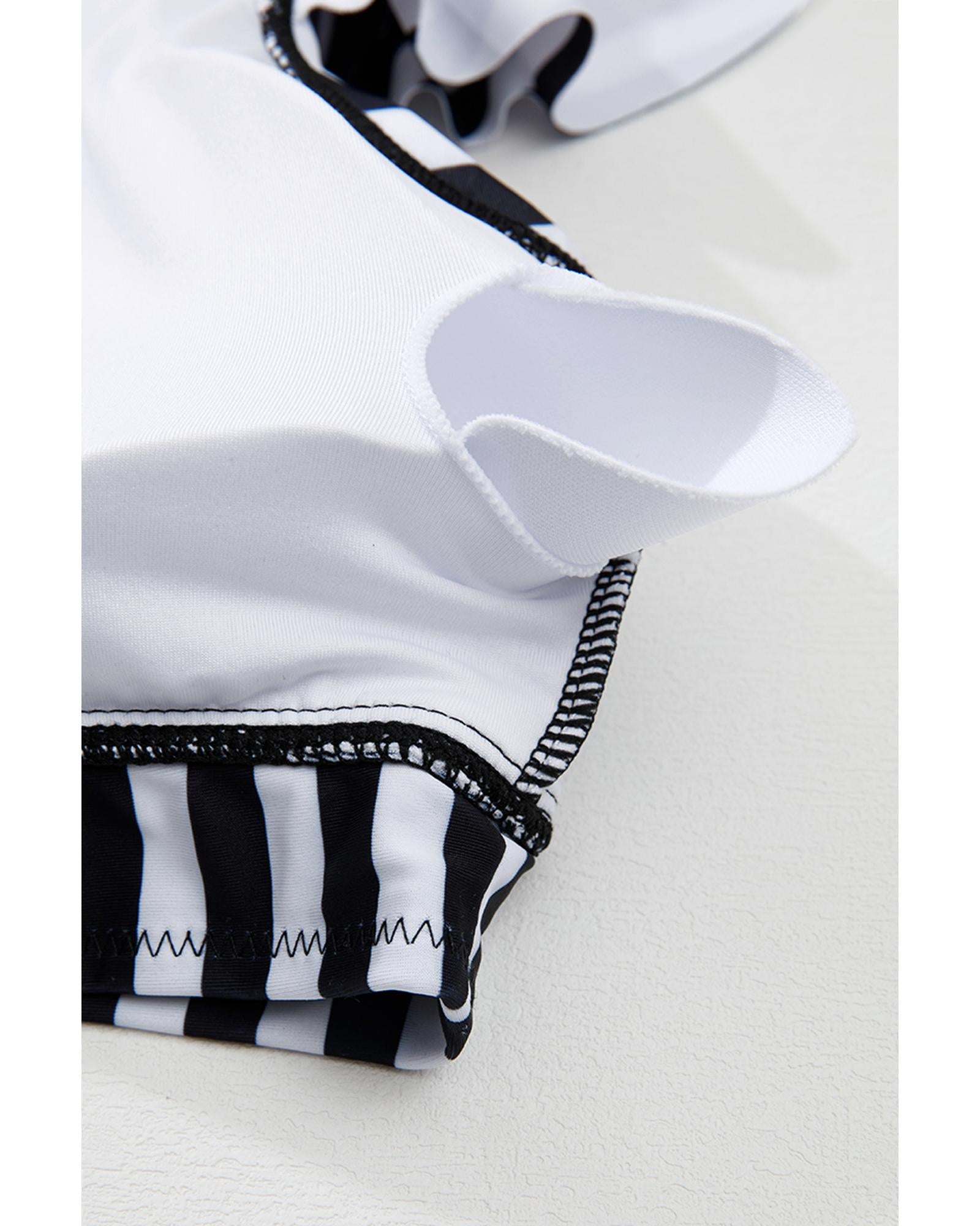 Black Stripe Plus Size Knot Cutout Ruffle Sleeve and High Waisted 2pcs Swimsuit - 4X