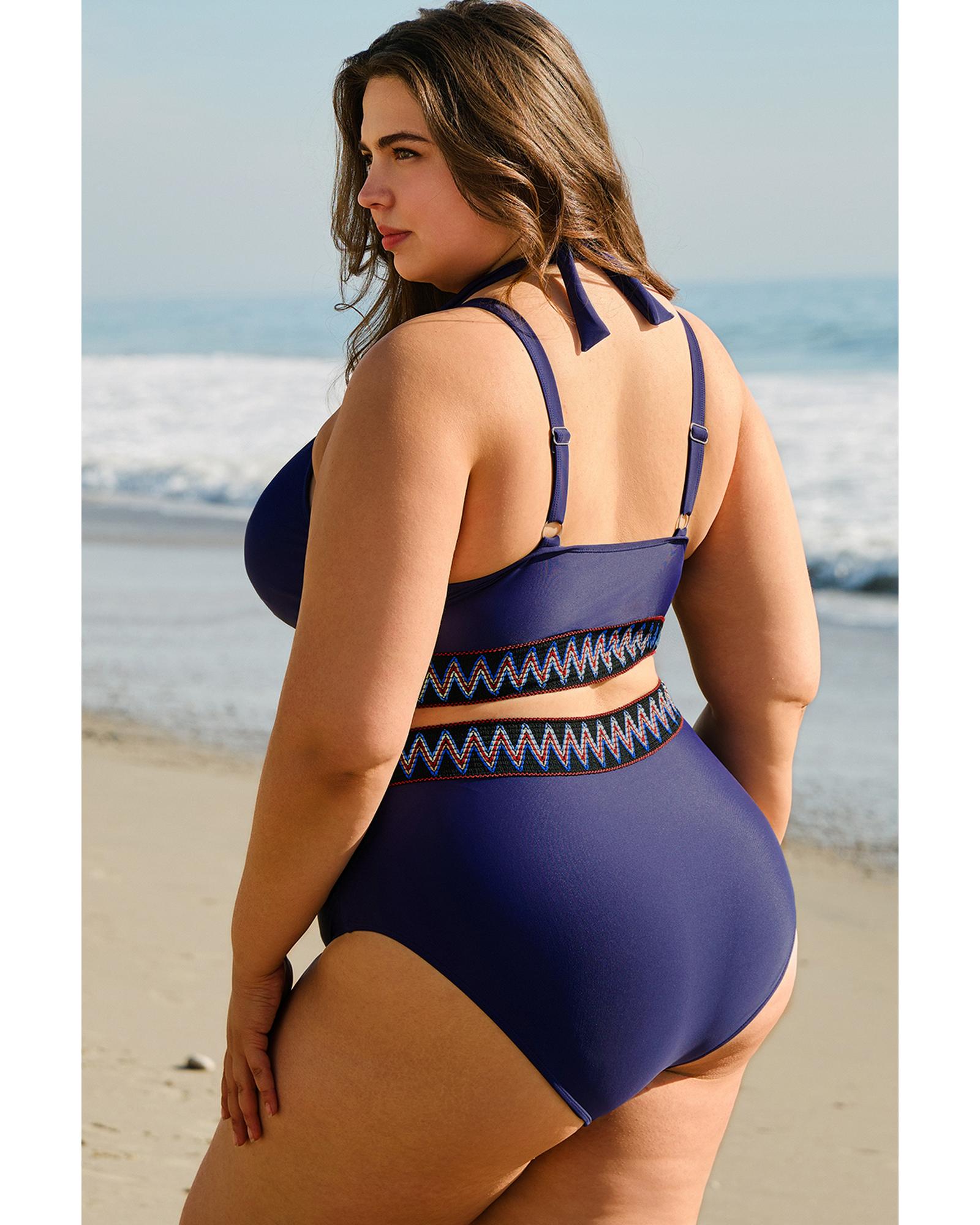 Navy Blue Embroidered Trim Wrap Tie Knot Plus Size High Waisted Bikini - 1X